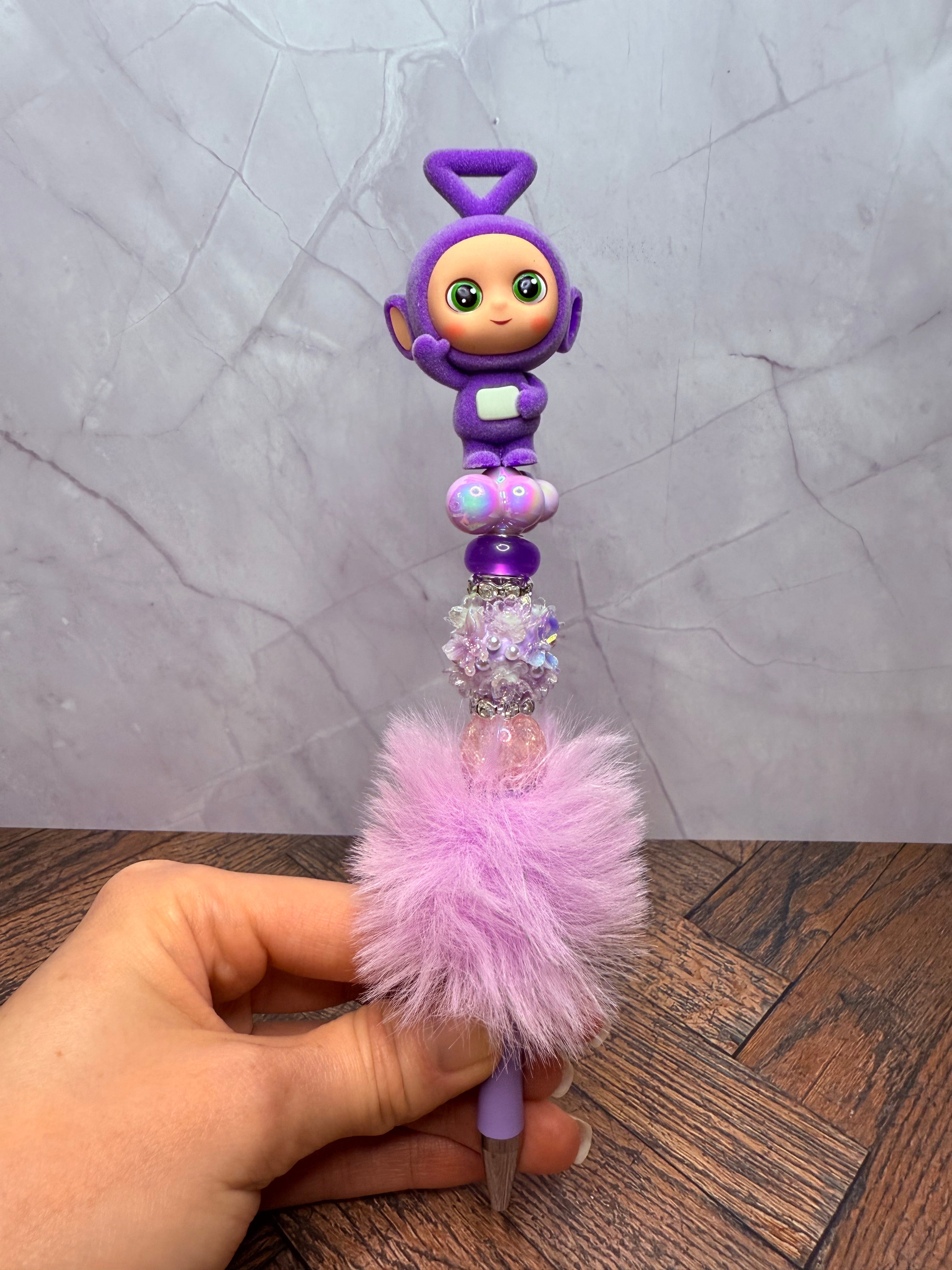 Teletubbies Po, Laa-Laa, Dipsy, Tinky Winky Fur Pom Beaded Pen