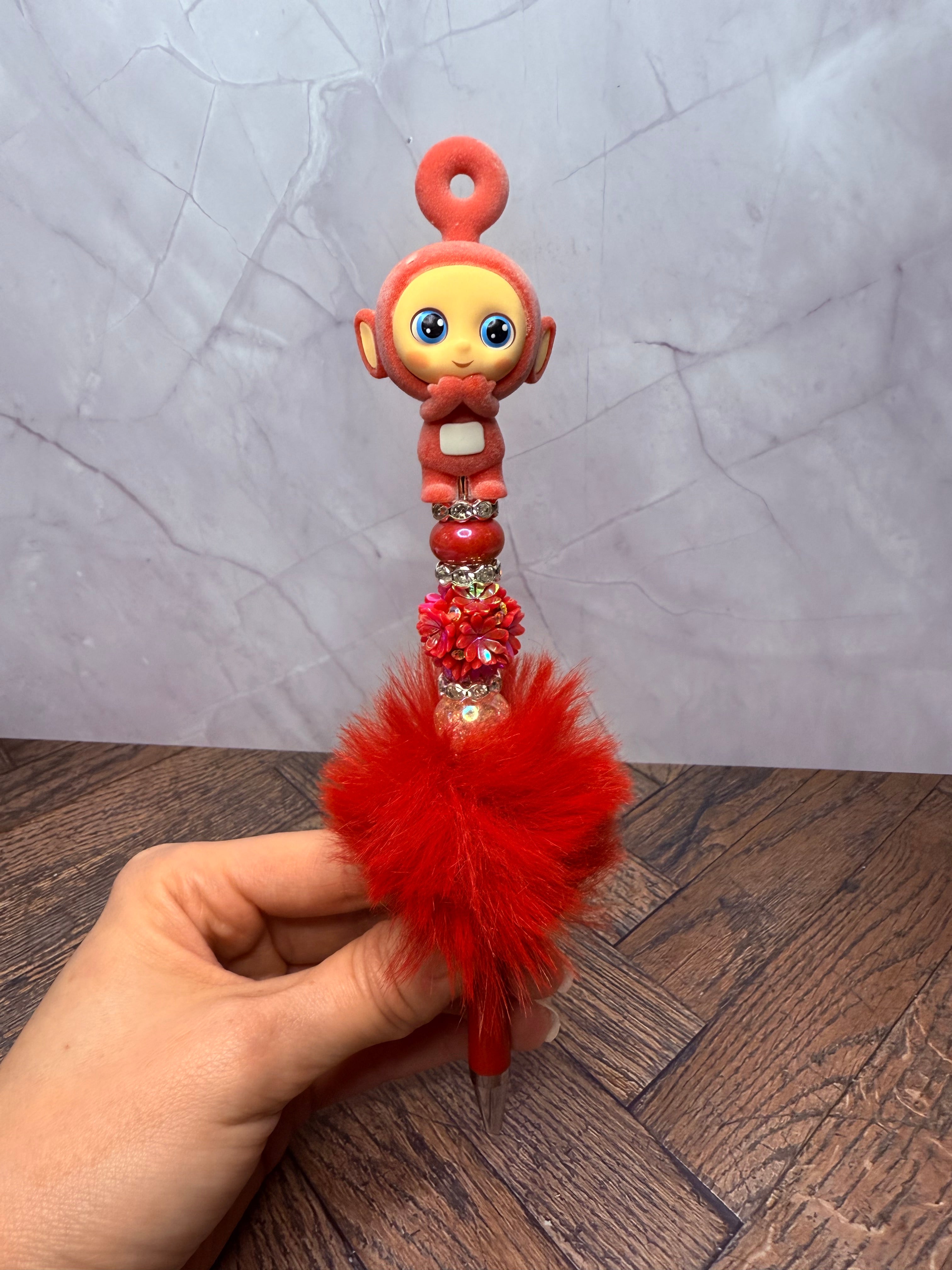 Teletubbies Po, Laa-Laa, Dipsy, Tinky Winky Fur Pom Beaded Pen