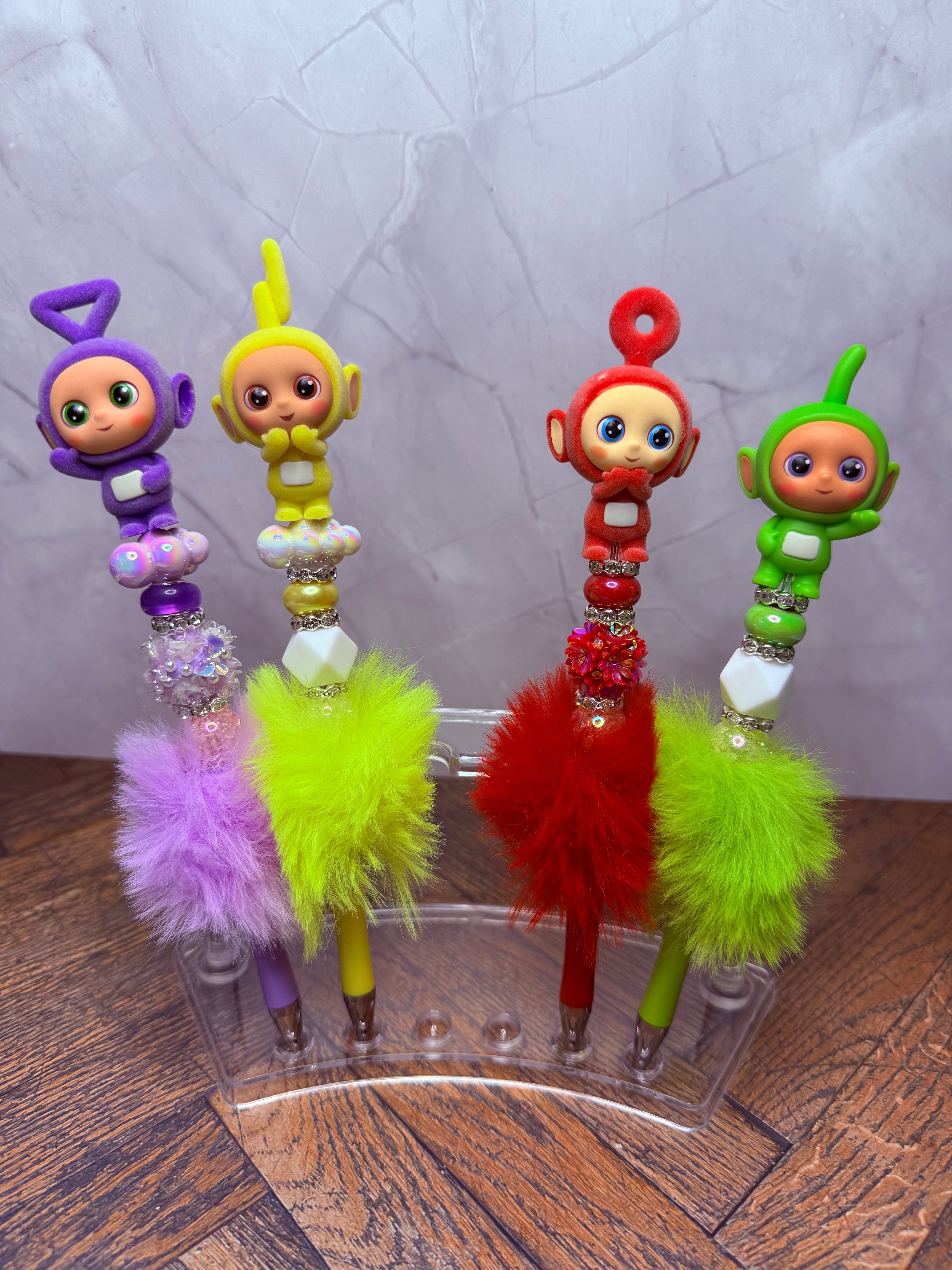 Teletubbies Po, Laa-Laa, Dipsy, Tinky Winky Fur Pom Beaded Pen