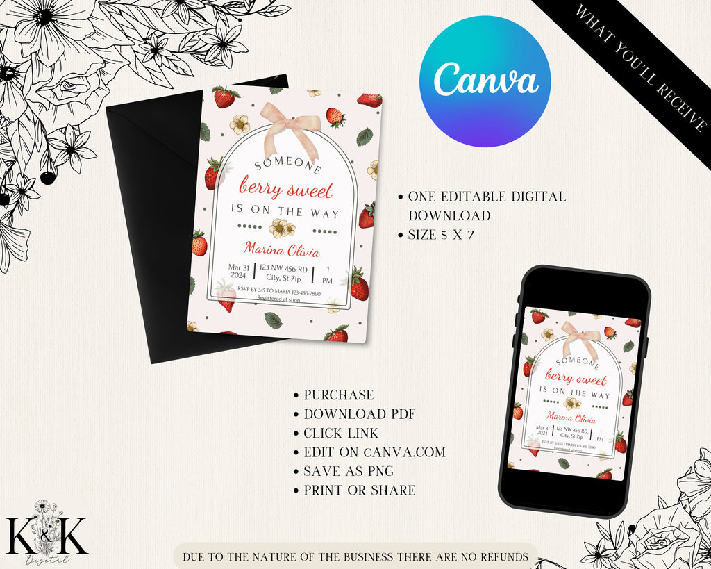 Berry First Birthday Invitation, Strawberry 1st Birthday Invite, Summer Birthday Invitation, Berry 1st Birthday Invite, Spring, BERRY01