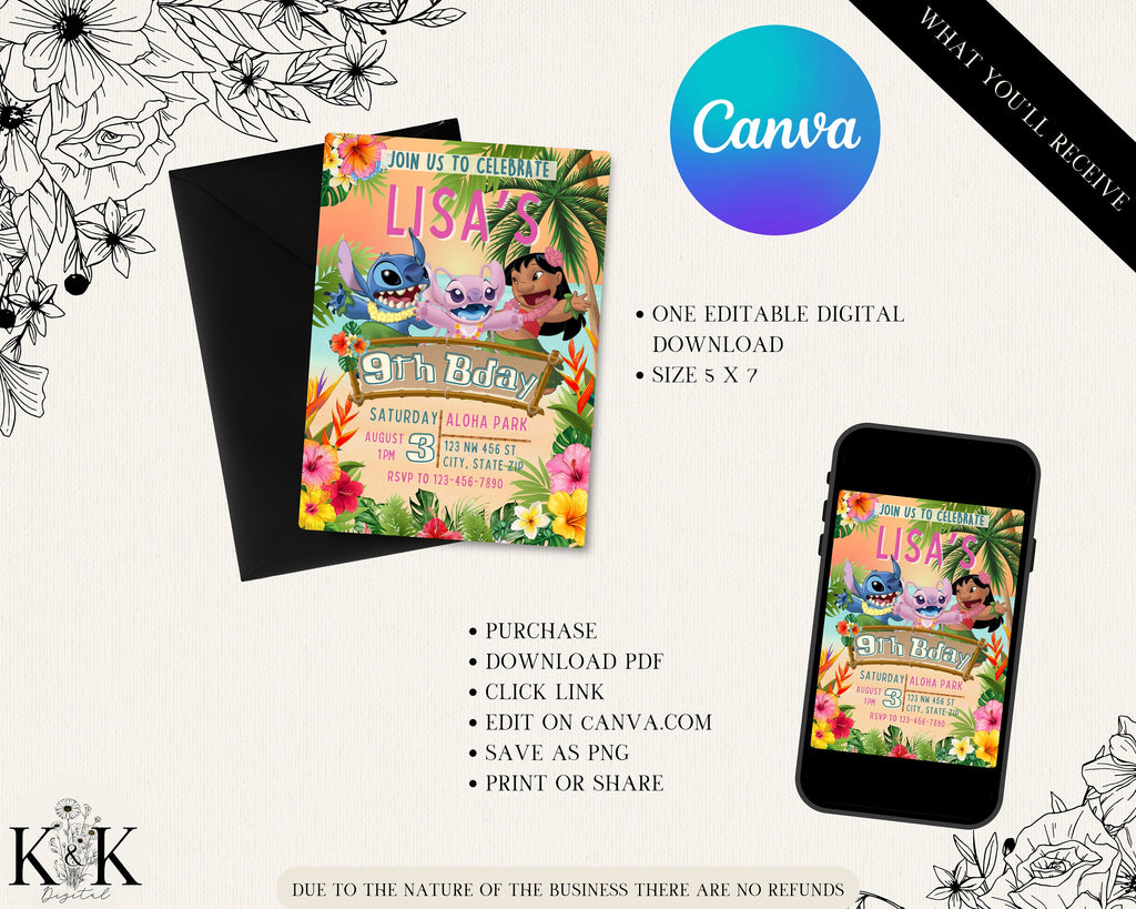 Lilo and Stitch Birthday Invitation - Editable File - Tropical Party Theme - Instant Download-Stitch and Angel Party-Digital Invitation
