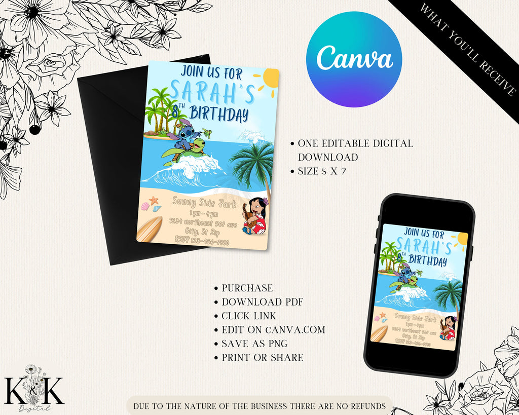 Lilo and Stitch Birthday Invitation - Editable Digital File - Tropical Party Theme - Instant Download-Stitch Party-Digital Invitation-