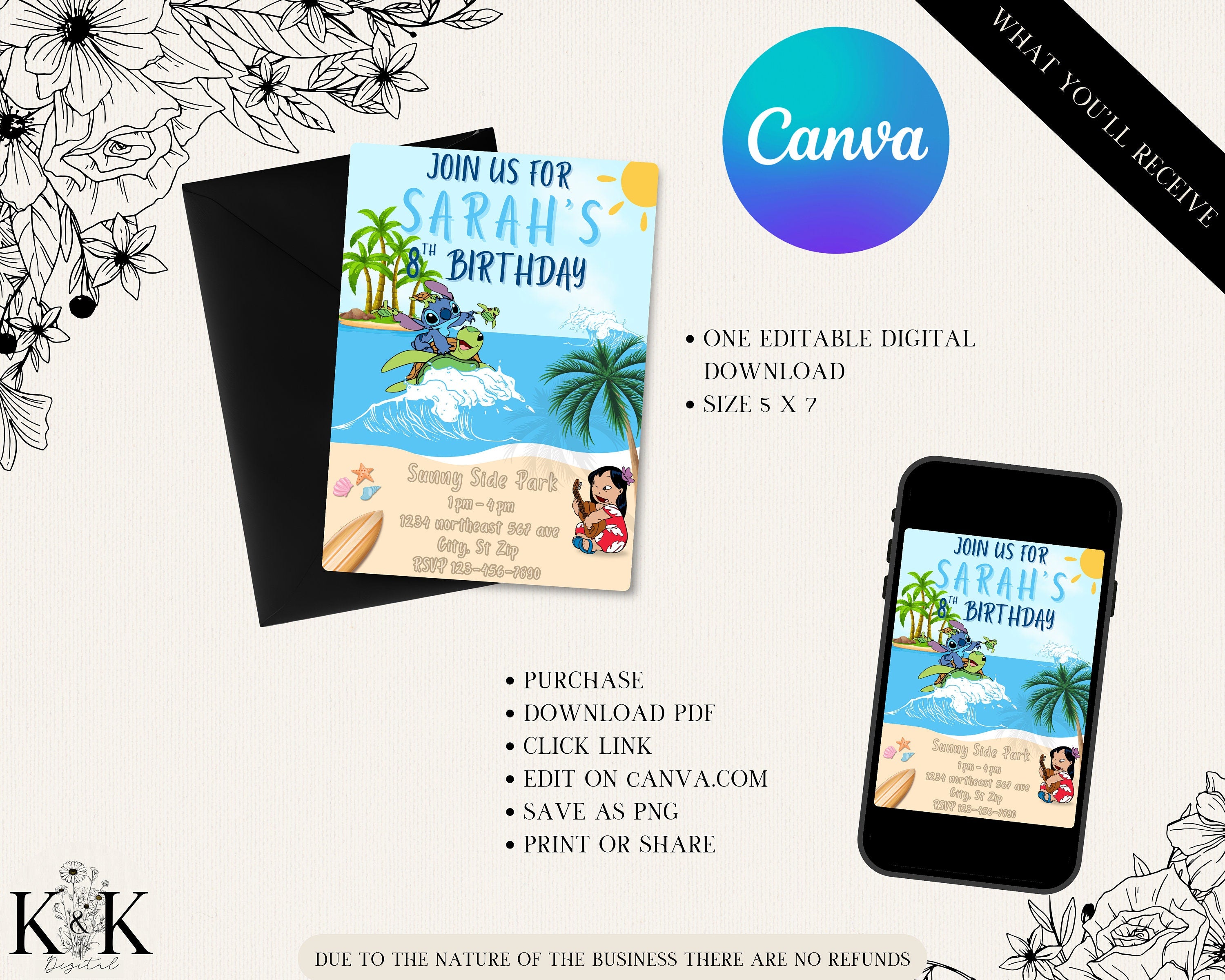 Lilo and Stitch Birthday Invitation - Editable Digital File - Tropical Party Theme - Instant Download-Stitch Party-Digital Invitation-