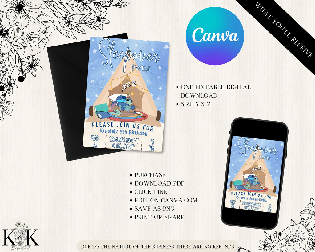 Stich Slumber Party Birthday Invitation, Stitch Sleepover Birthday Invite Party, Digital Download Invitation, Template, Stitch Party, S006