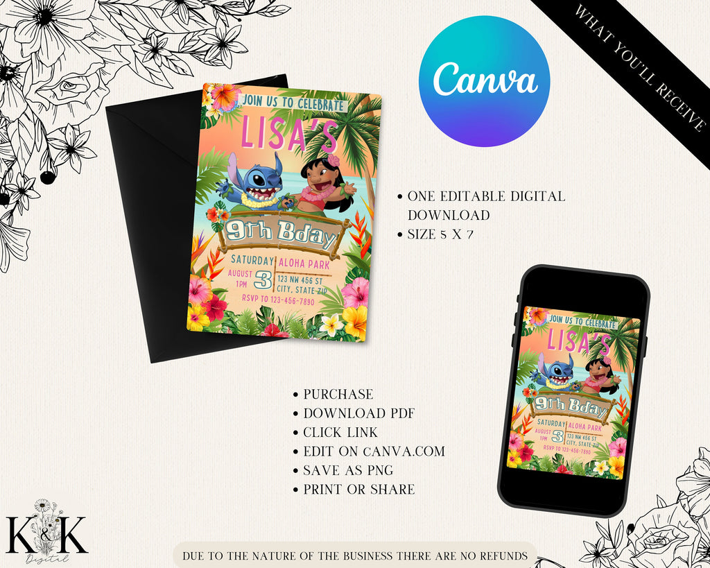 Lilo and Stitch Birthday Invitation - Editable Digital File - Tropical Party Theme - Instant Download-Stitch Party-Digital Invitation ST001