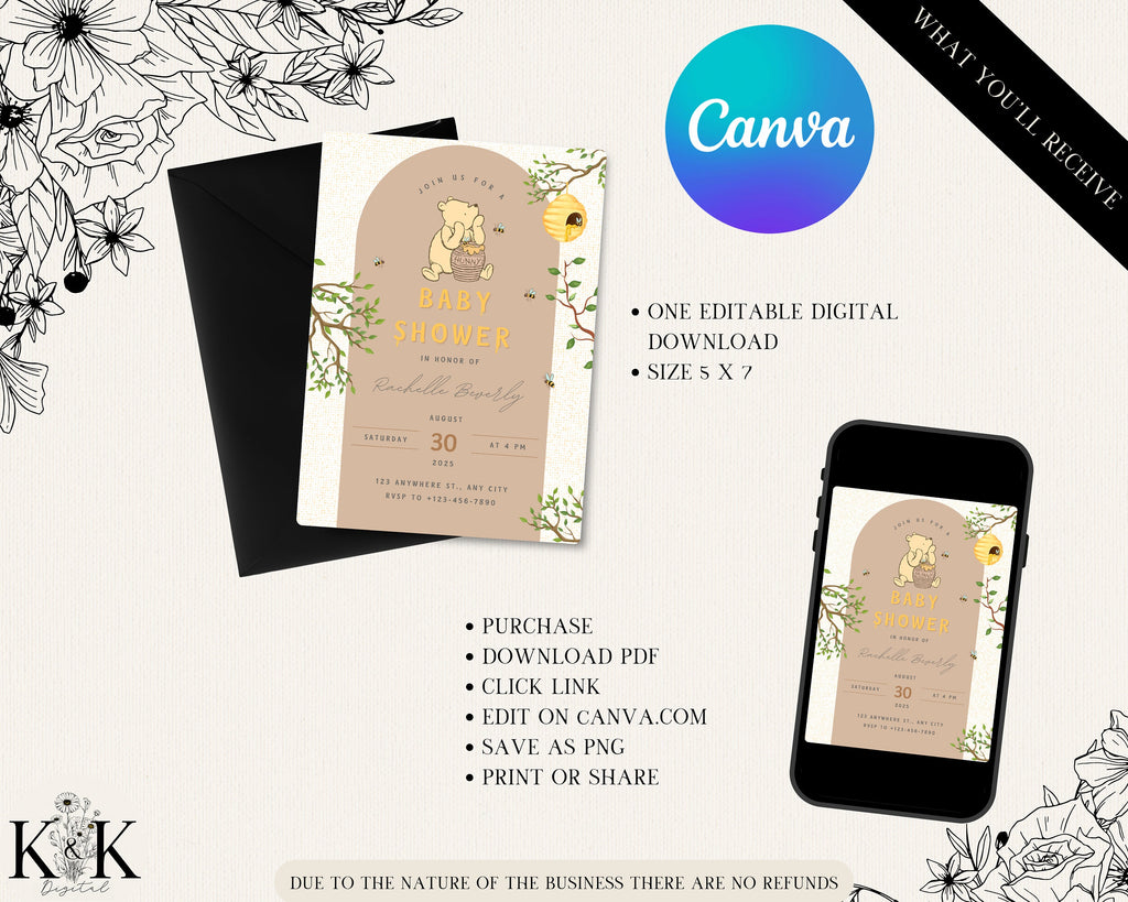 Winnie the Pooh Baby Shower Invitation | Gender Neutral Printable Invite | Editable Digital Template for Boy or Girl, Canva Template