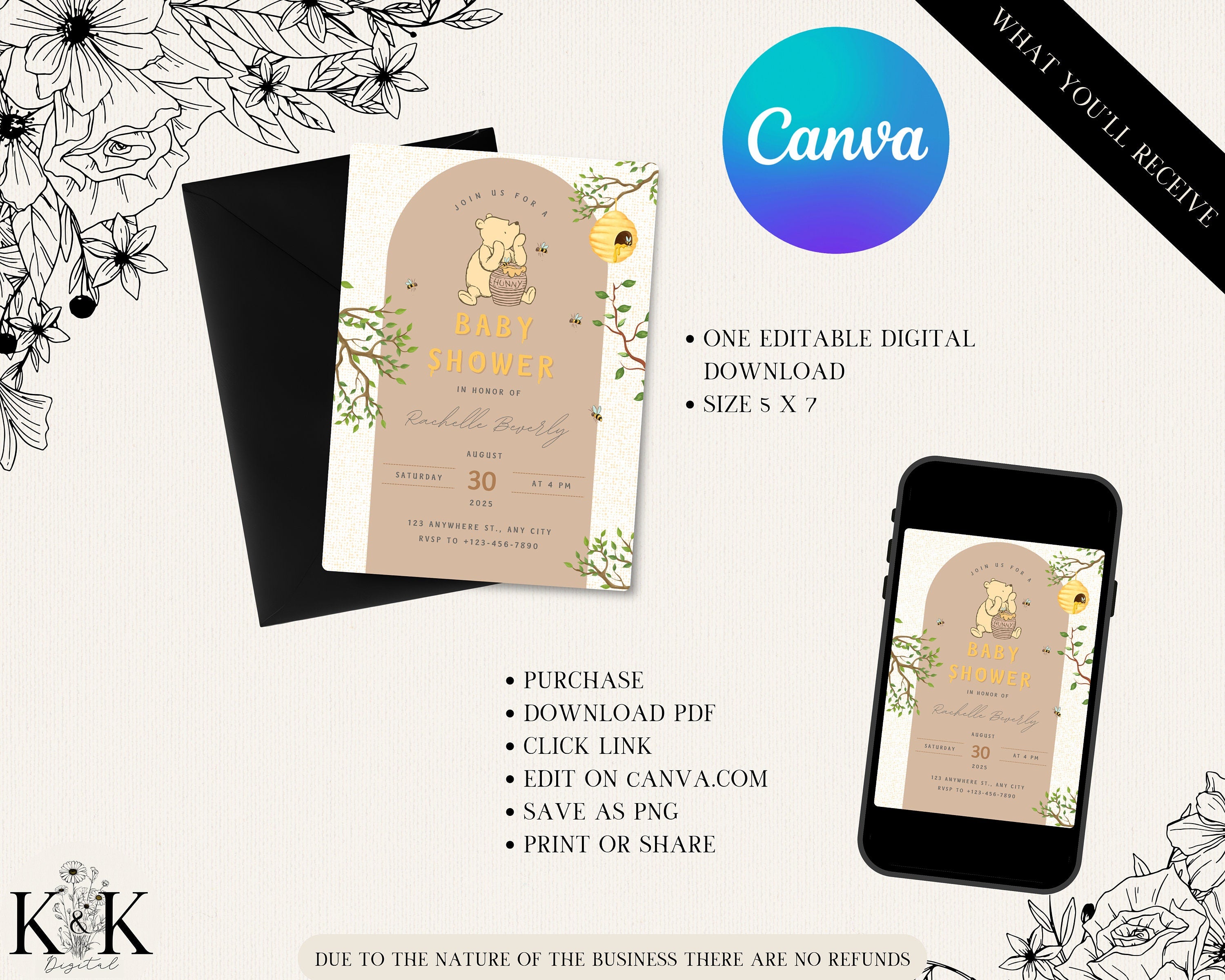 Winnie the Pooh Baby Shower Invitation | Gender Neutral Printable Invite | Editable Digital Template for Boy or Girl, Canva Template