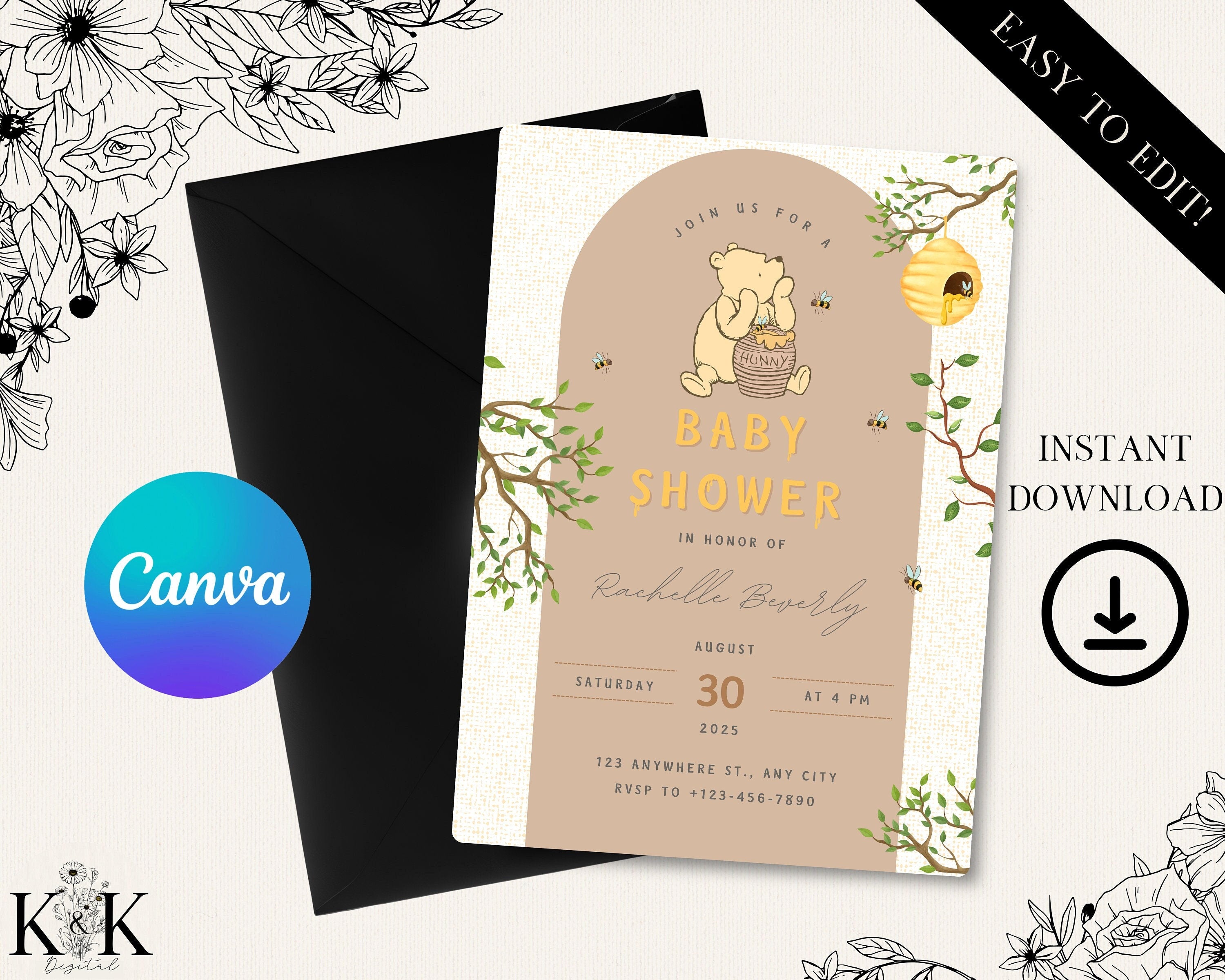 Winnie the Pooh Baby Shower Invitation | Gender Neutral Printable Invite | Editable Digital Template for Boy or Girl, Canva Template