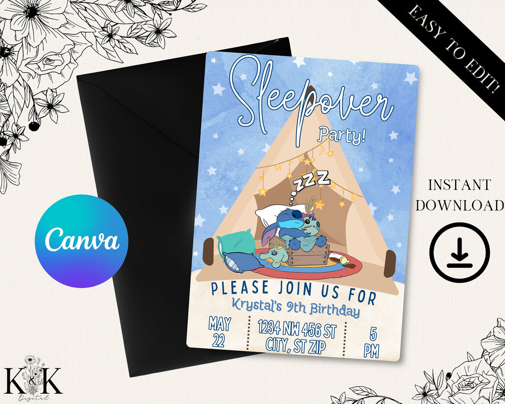 Stich Slumber Party Birthday Invitation, Stitch Sleepover Birthday Invite Party, Digital Download Invitation, Template, Stitch Party, S006