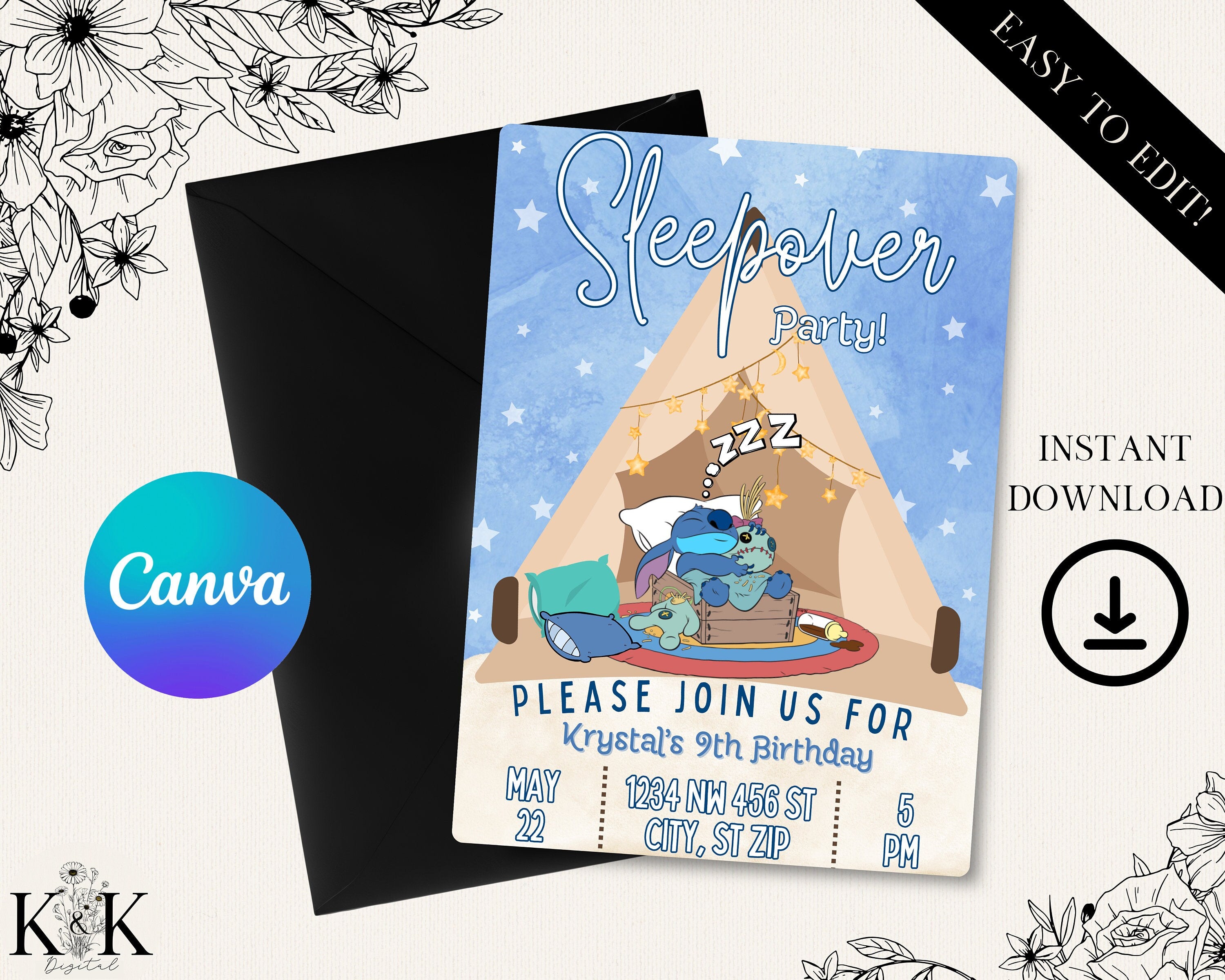 Stich Slumber Party Birthday Invitation, Stitch Sleepover Birthday Invite Party, Digital Download Invitation, Template, Stitch Party, S006
