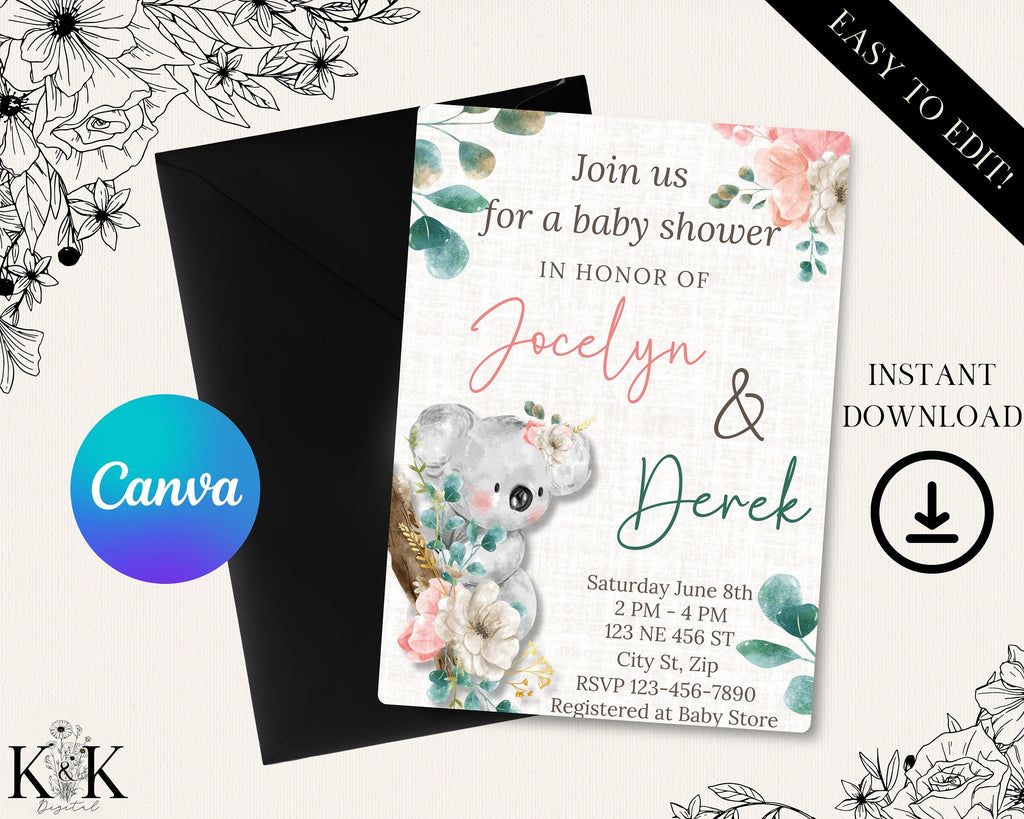 Floral Koala Baby Shower Invitation, Baby Shower Invitation Template printable, Digital Invitation, Editable Template Canva, Baby Girl