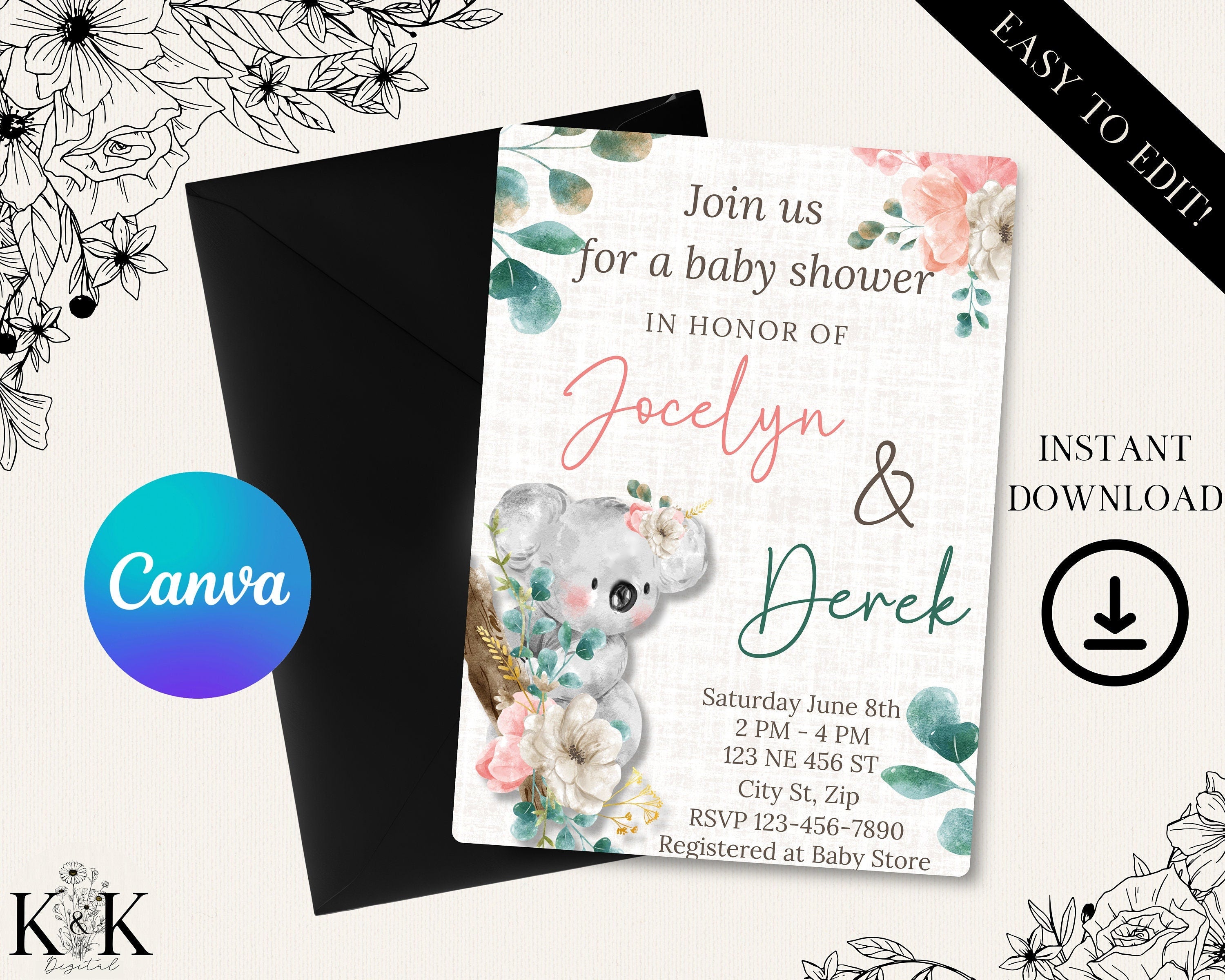 Floral Koala Baby Shower Invitation, Baby Shower Invitation Template printable, Digital Invitation, Editable Template Canva, Baby Girl