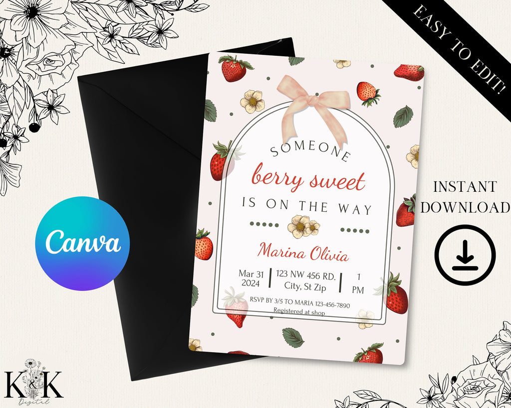 Berry First Birthday Invitation, Strawberry 1st Birthday Invite, Summer Birthday Invitation, Berry 1st Birthday Invite, Spring, BERRY01