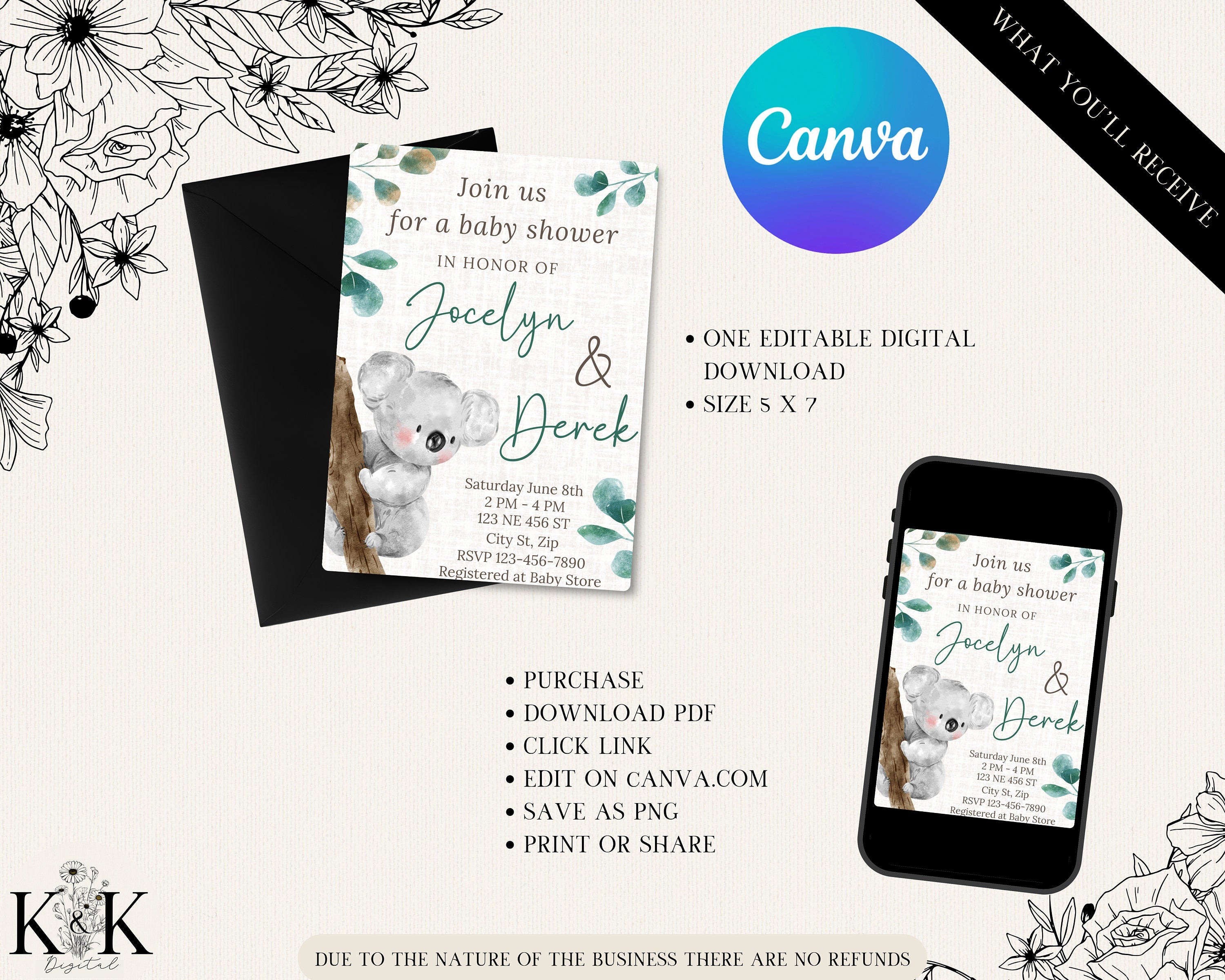Koala Baby Shower Invitation, Baby Shower Invitation Template printable, Digital Invitation, Editable Template Canva, Gender Neutral Invite