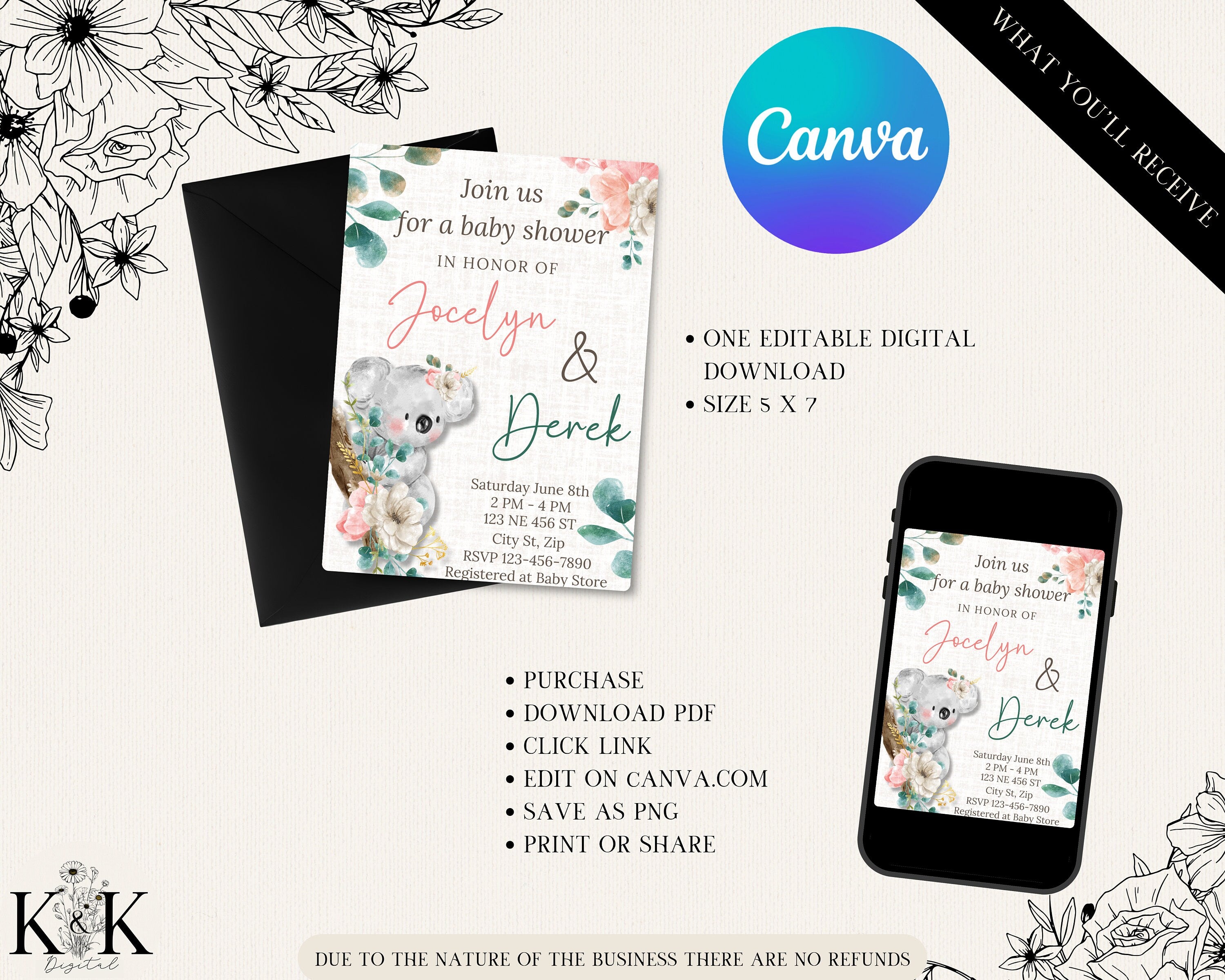 Floral Koala Baby Shower Invitation, Baby Shower Invitation Template printable, Digital Invitation, Editable Template Canva, Baby Girl