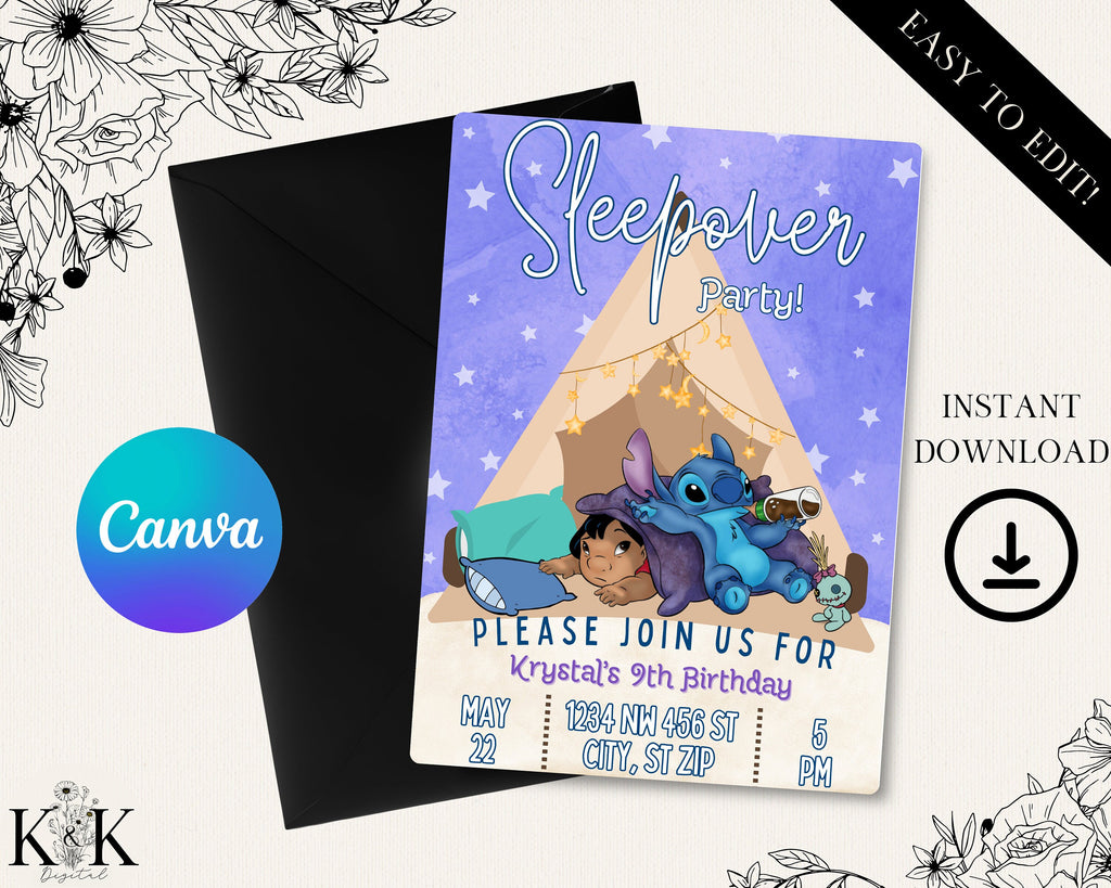 Lilo and Stich Slumber Party Invitation, Stitch Sleepover Birthday Invite Party, Digital Download Invitation, Template, Stitch Party, S007