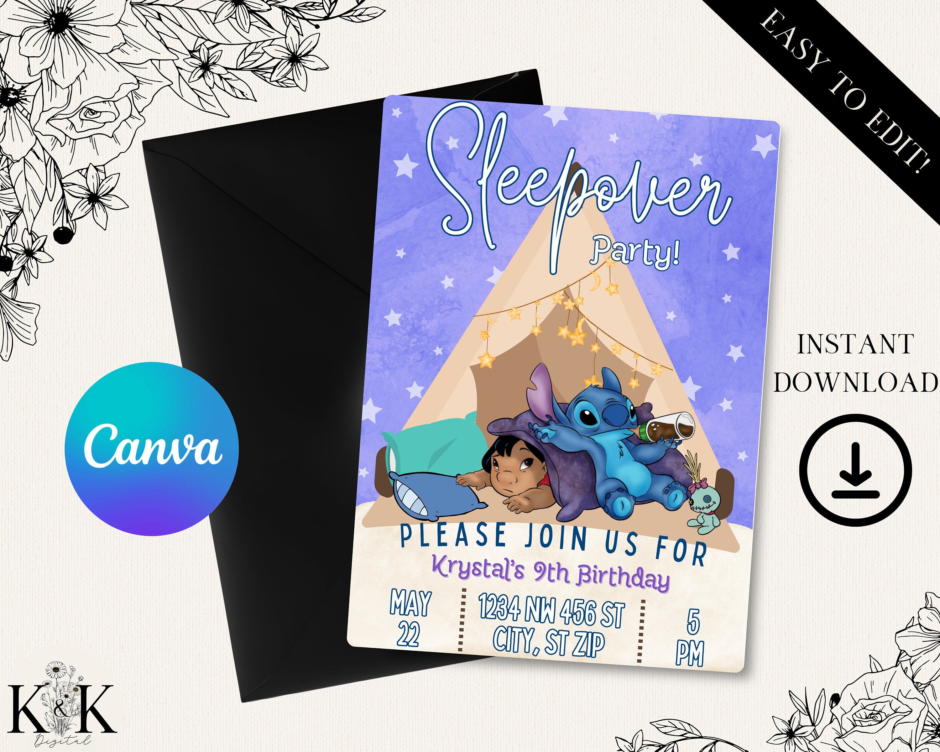 Lilo and Stich Slumber Party Invitation, Stitch Sleepover Birthday Invite Party, Digital Download Invitation, Template, Stitch Party, S007