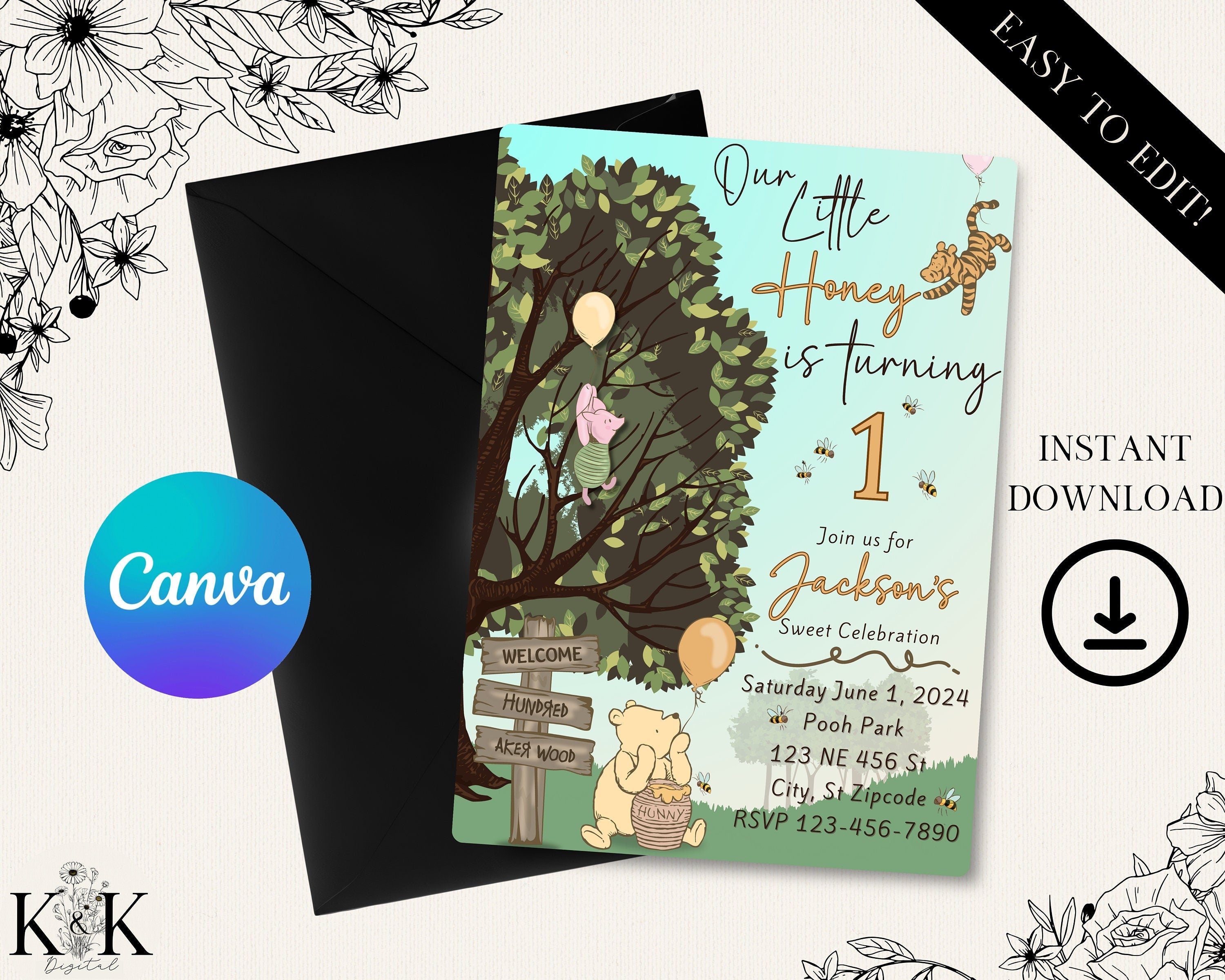 Winnie The Pooh Invitation, Gender Neutral Baby Shower, Editable Winnie Pooh Baby, Digital Download Invitation, Canva Template, Pooh Bday