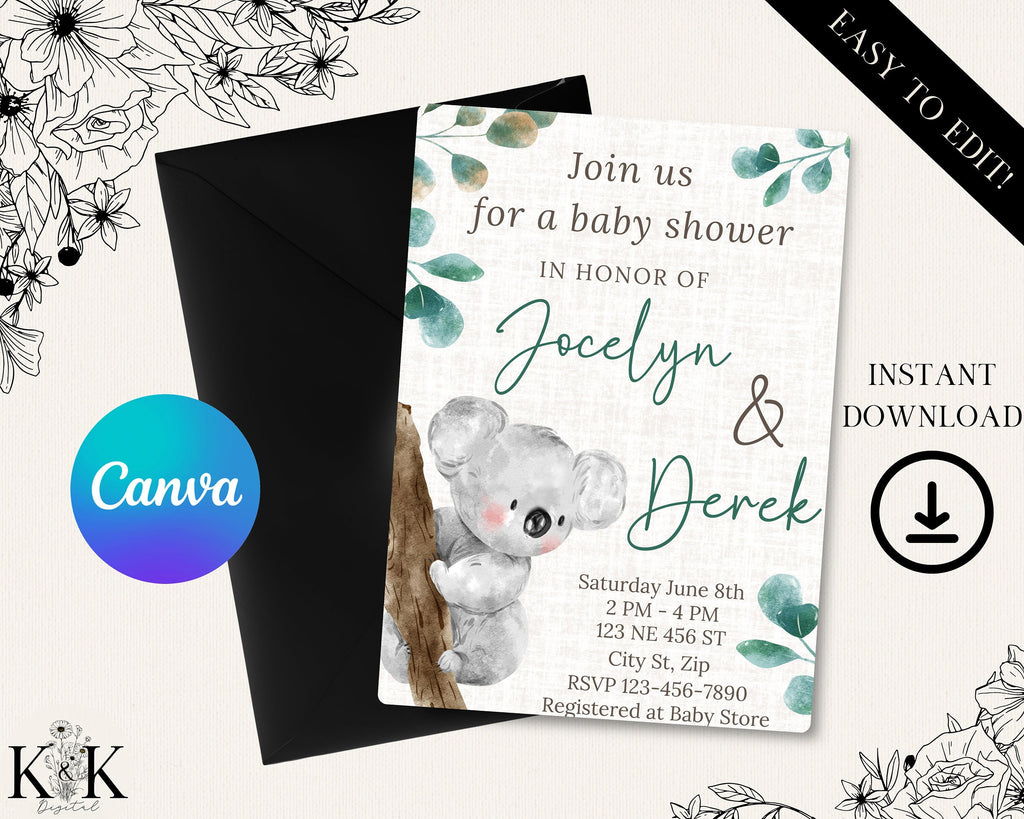 Koala Baby Shower Invitation, Baby Shower Invitation Template printable, Digital Invitation, Editable Template Canva, Gender Neutral Invite