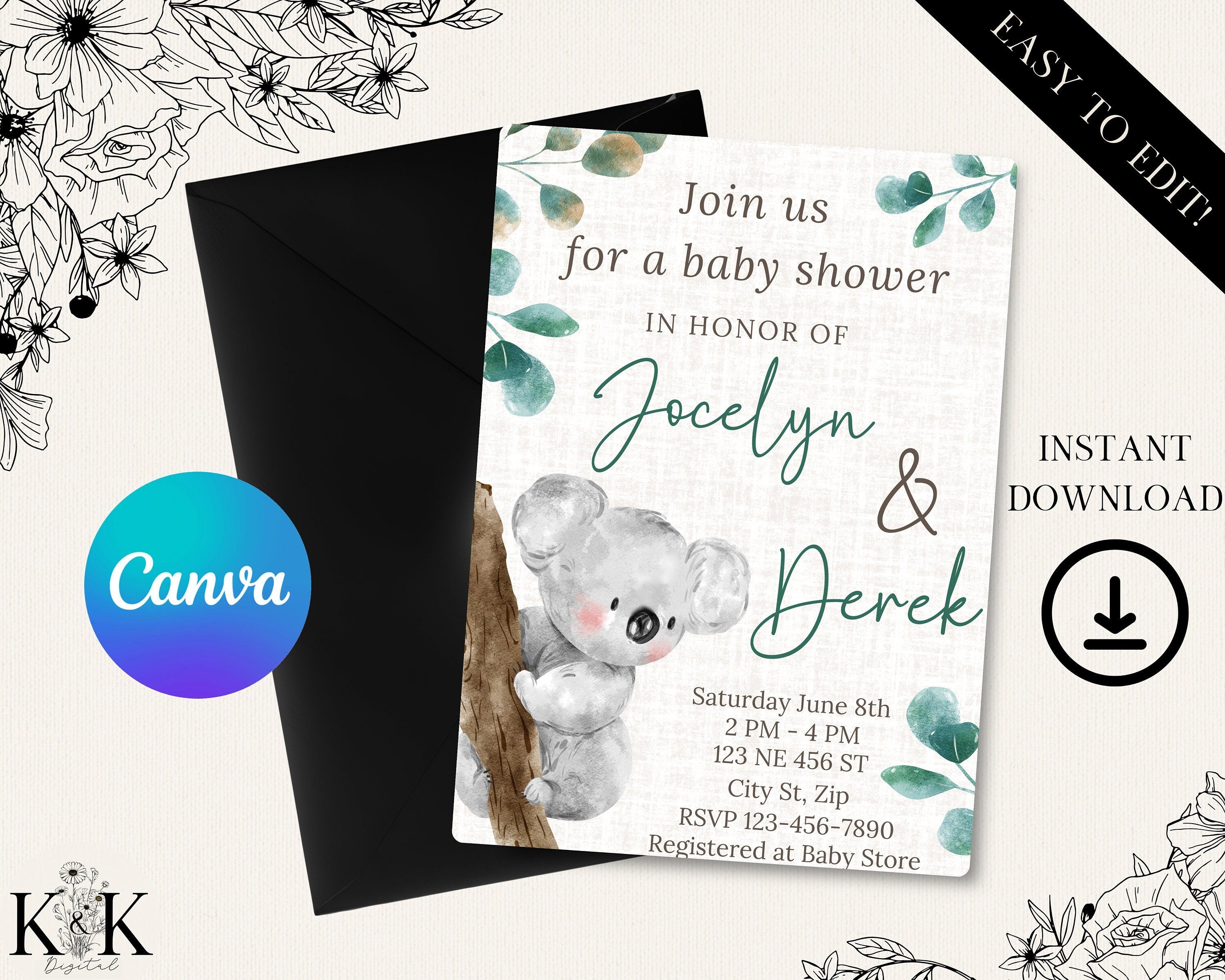 Koala Baby Shower Invitation, Baby Shower Invitation Template printable, Digital Invitation, Editable Template Canva, Gender Neutral Invite