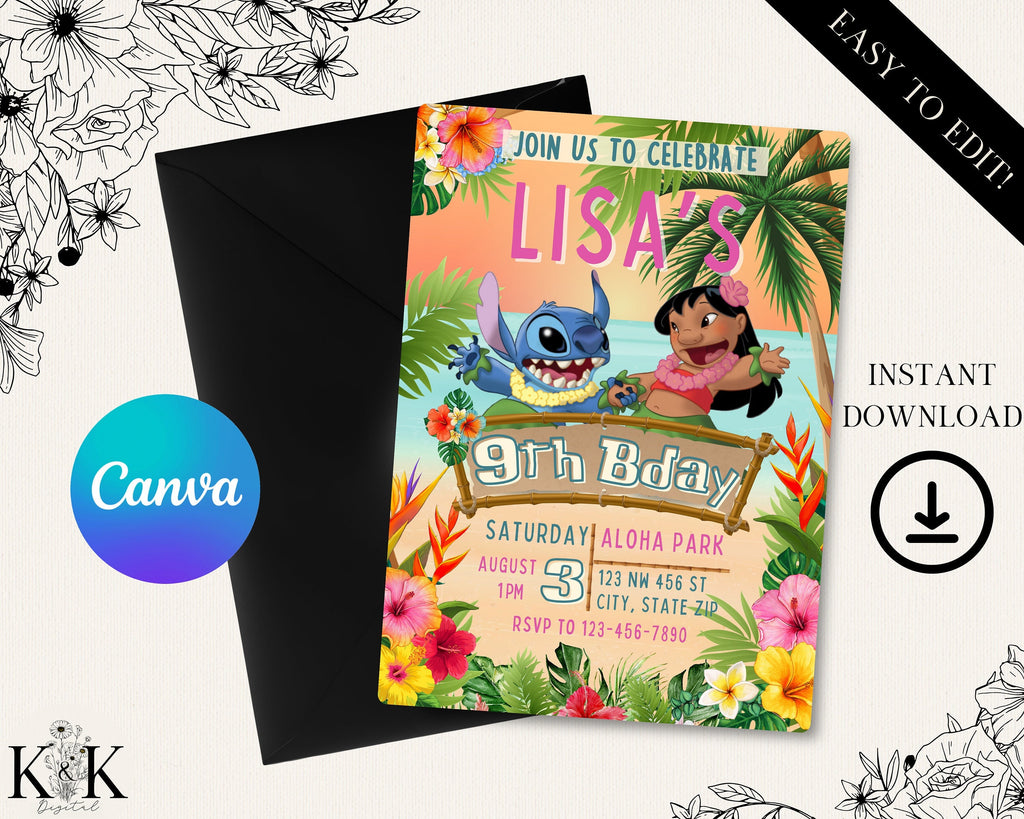 Lilo and Stitch Birthday Invitation - Editable Digital File - Tropical Party Theme - Instant Download-Stitch Party-Digital Invitation ST001