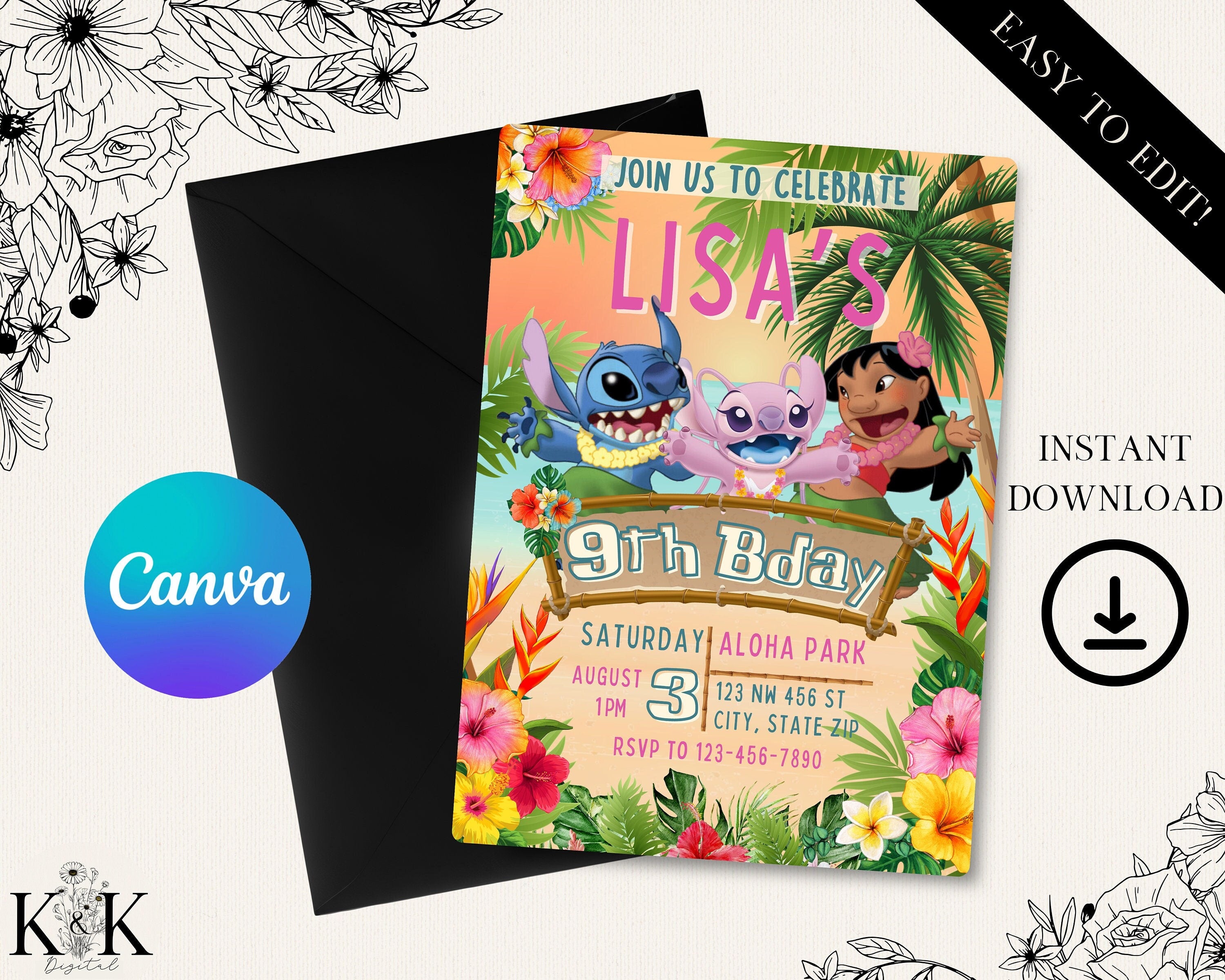 Lilo and Stitch Birthday Invitation - Editable File - Tropical Party Theme - Instant Download-Stitch and Angel Party-Digital Invitation