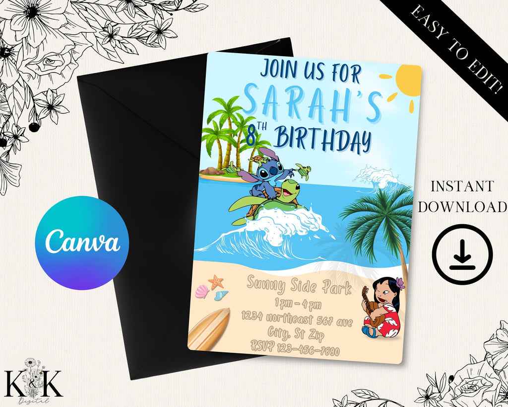 Lilo and Stitch Birthday Invitation - Editable Digital File - Tropical Party Theme - Instant Download-Stitch Party-Digital Invitation-