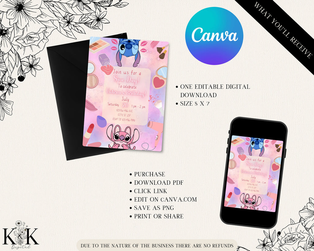 Stich and Angel Spa Party Invitation, Stitch Makeup and Spa Birthday Invite Party, Digital Download Invitation, Canva, Stitch Party SS001