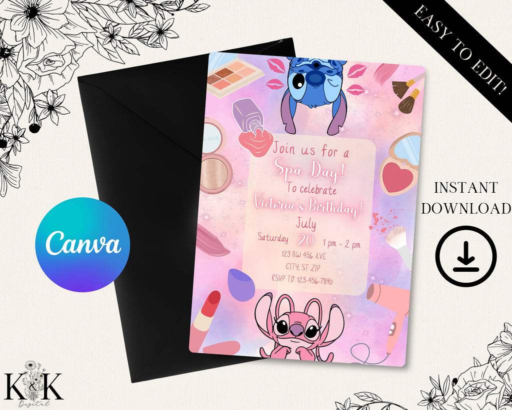 Stich and Angel Spa Party Invitation, Stitch Makeup and Spa Birthday Invite Party, Digital Download Invitation, Canva, Stitch Party SS001