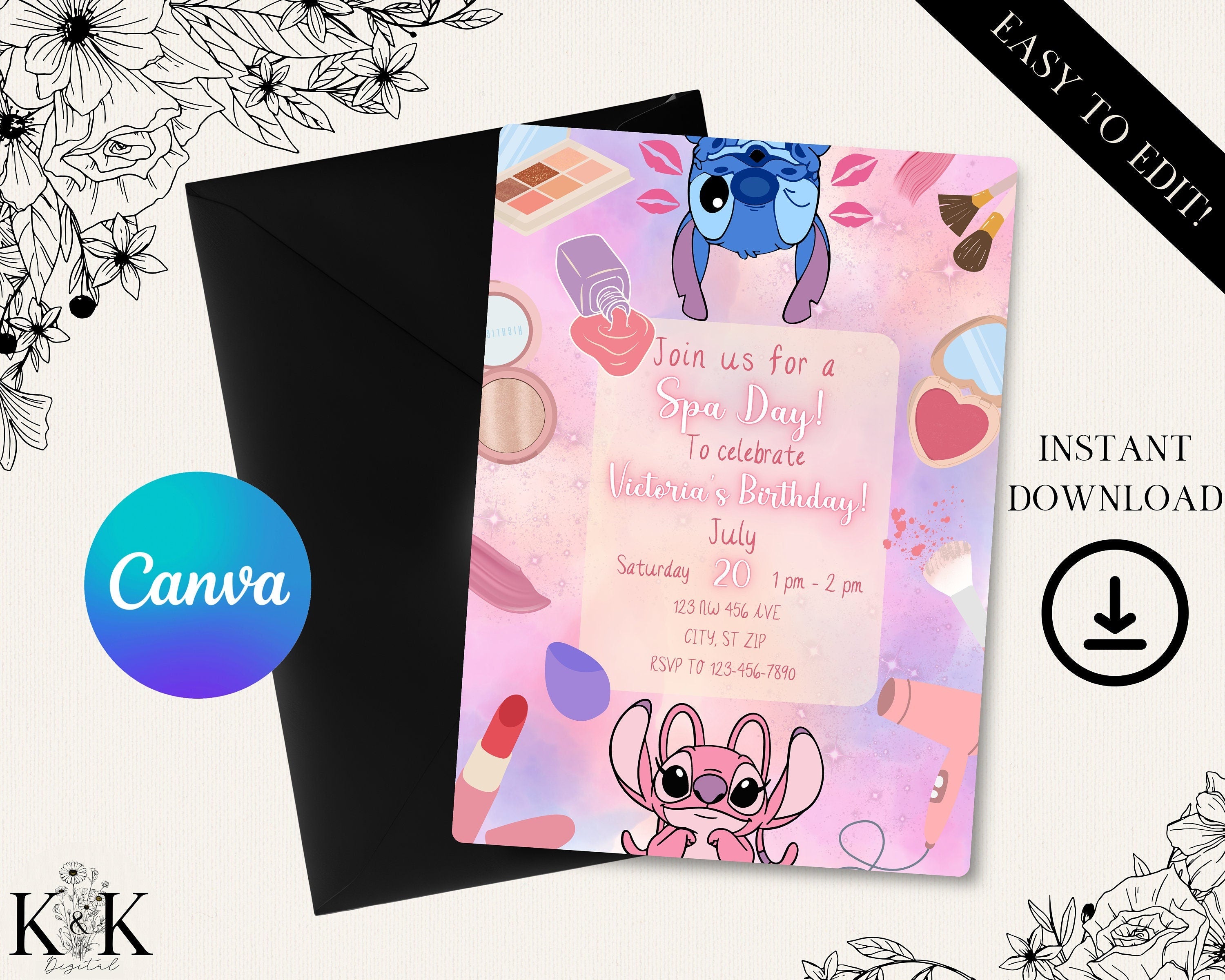 Stich and Angel Spa Party Invitation, Stitch Makeup and Spa Birthday Invite Party, Digital Download Invitation, Canva, Stitch Party SS001