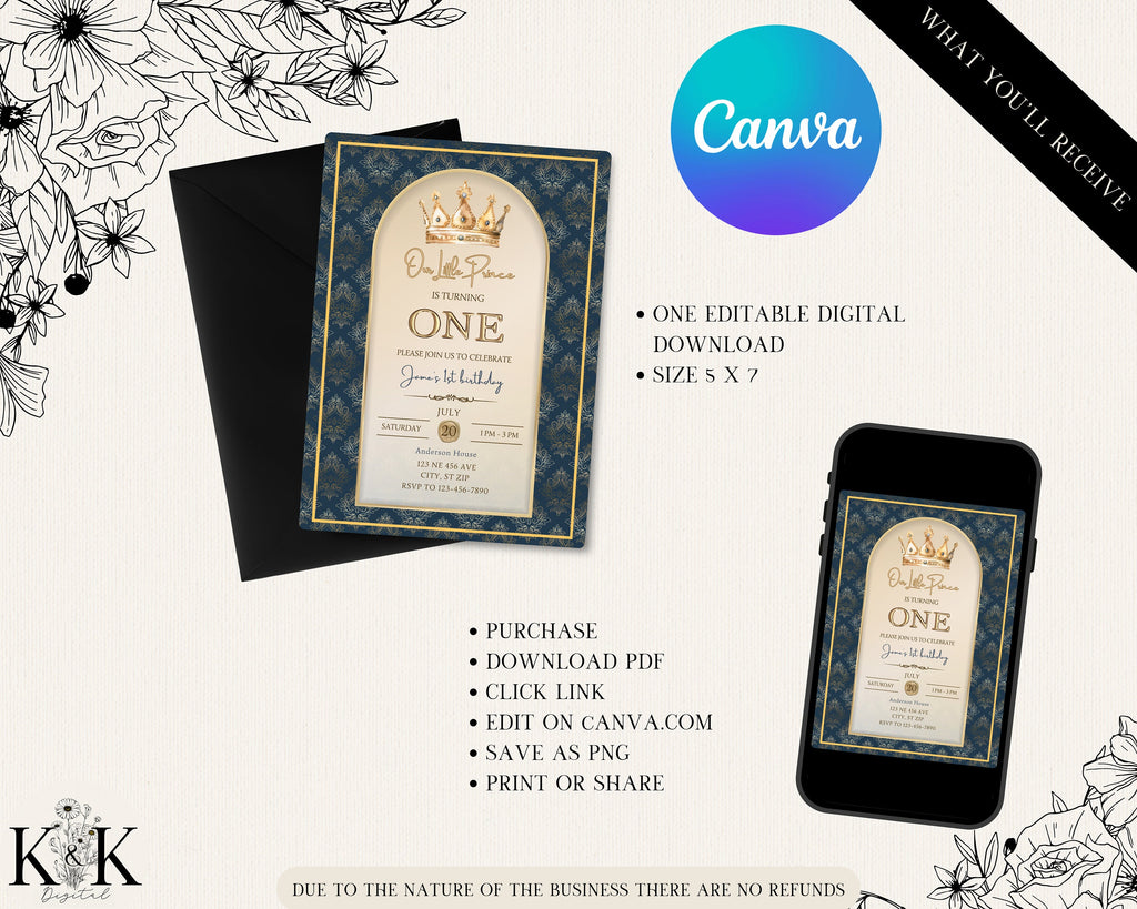 Prince 1st Birthday Invitation Template, Royal Blue Gold Crown Party Invite, Baby Boy First Birthday, Any Age Editable Digital, Canva
