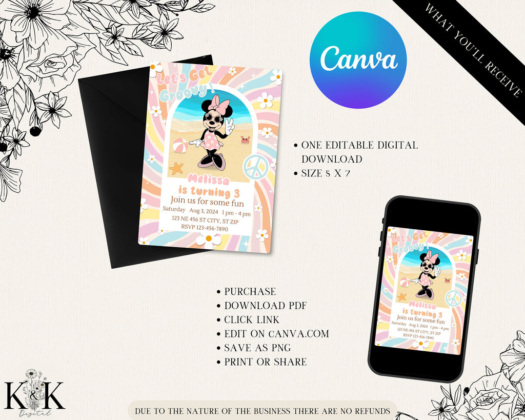 Minnie Mouse Birthday Invitation - Editable Digital File - Retro Beach Party Theme - Instant Download-Minnie Groovy Party-Digital Invitation