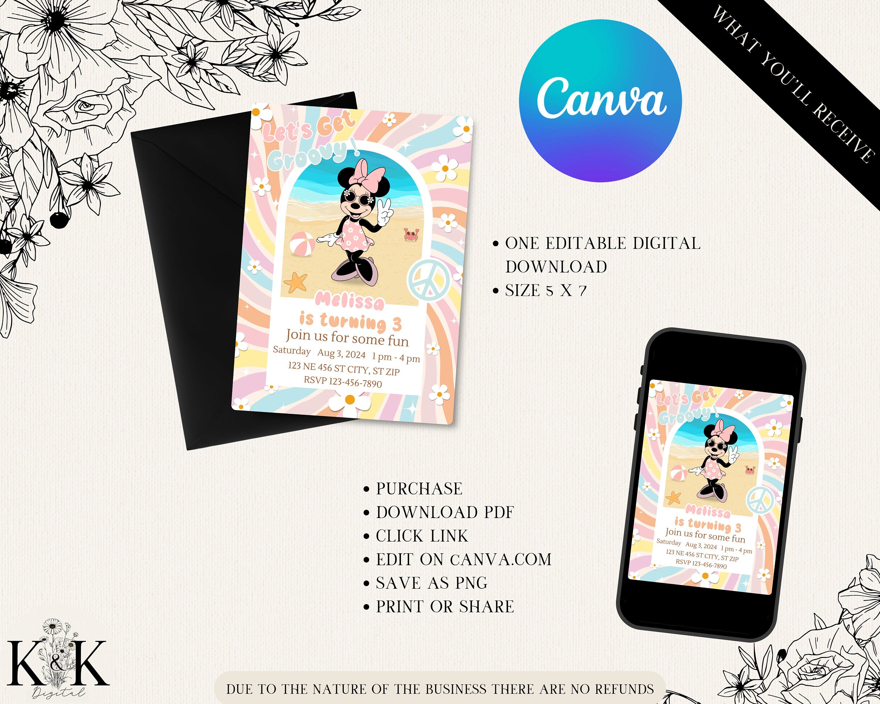 Minnie Mouse Birthday Invitation - Editable Digital File - Retro Beach Party Theme - Instant Download-Minnie Groovy Party-Digital Invitation