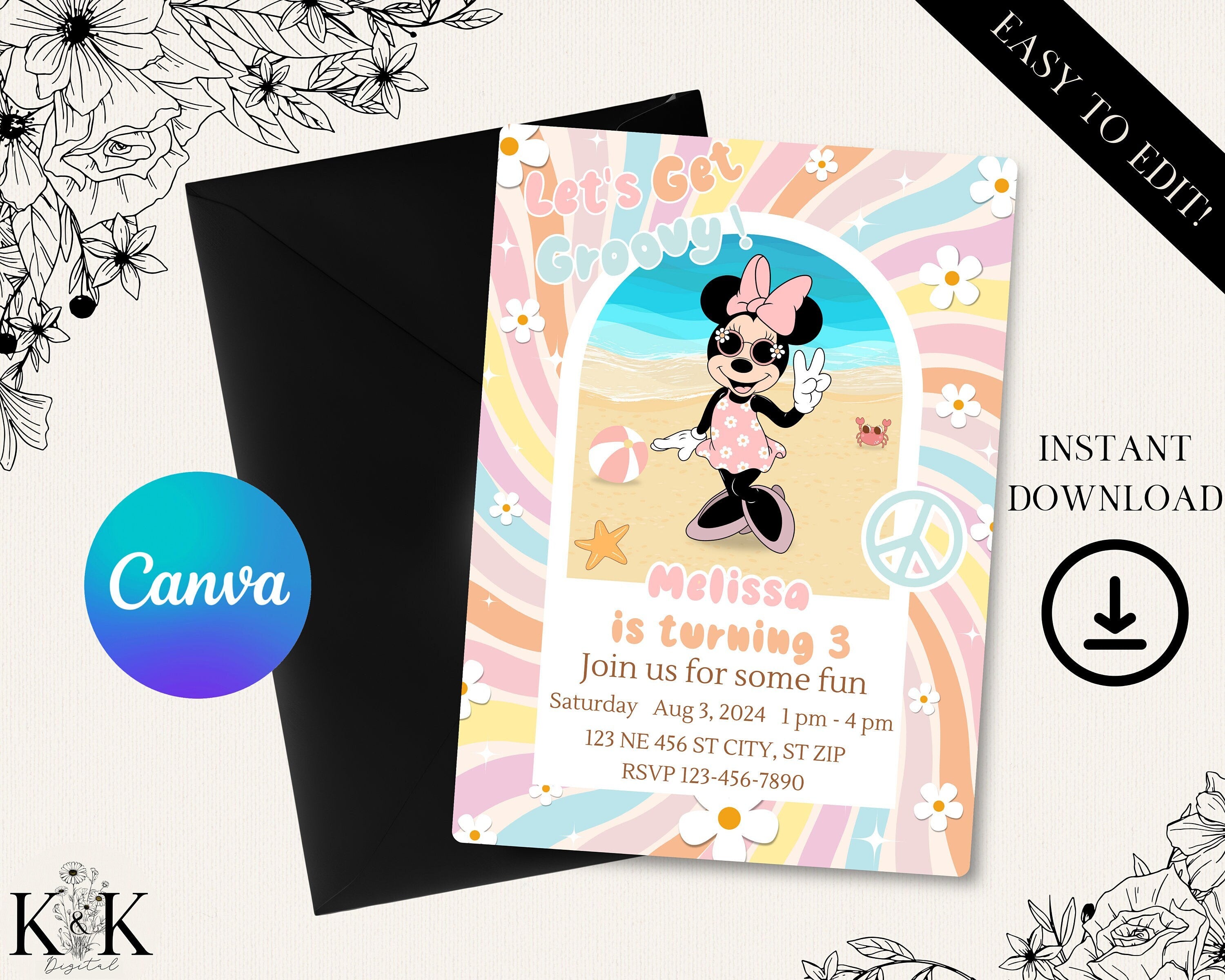 Minnie Mouse Birthday Invitation - Editable Digital File - Retro Beach Party Theme - Instant Download-Minnie Groovy Party-Digital Invitation