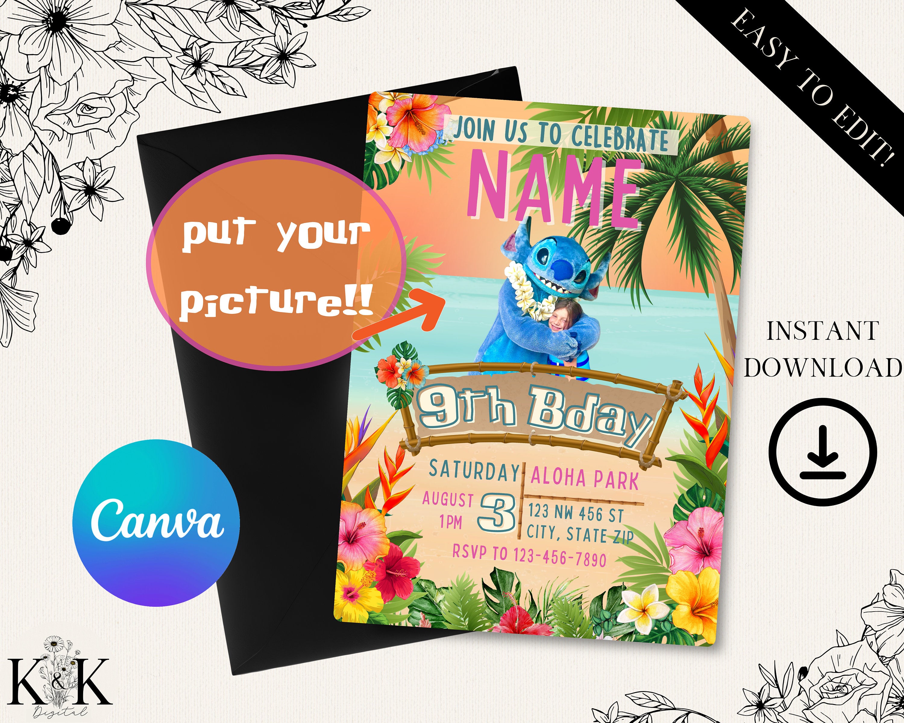Custom Lilo and Stitch Birthday Invitation - Editable Digital File - Tropical Party Theme - Instant Download-Stitch Party-Digital Invitation