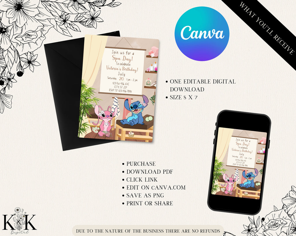 Stich and Angel Spa Party Invitation, Stitch Makeup and Spa Birthday Invite Party, Digital Download Invitation, Canva Template, Stitch Party