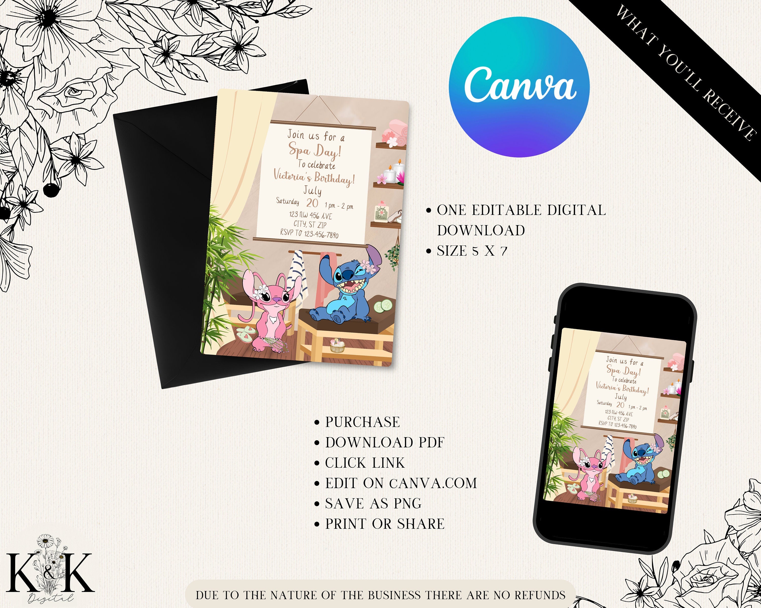 Stich and Angel Spa Party Invitation, Stitch Makeup and Spa Birthday Invite Party, Digital Download Invitation, Canva Template, Stitch Party