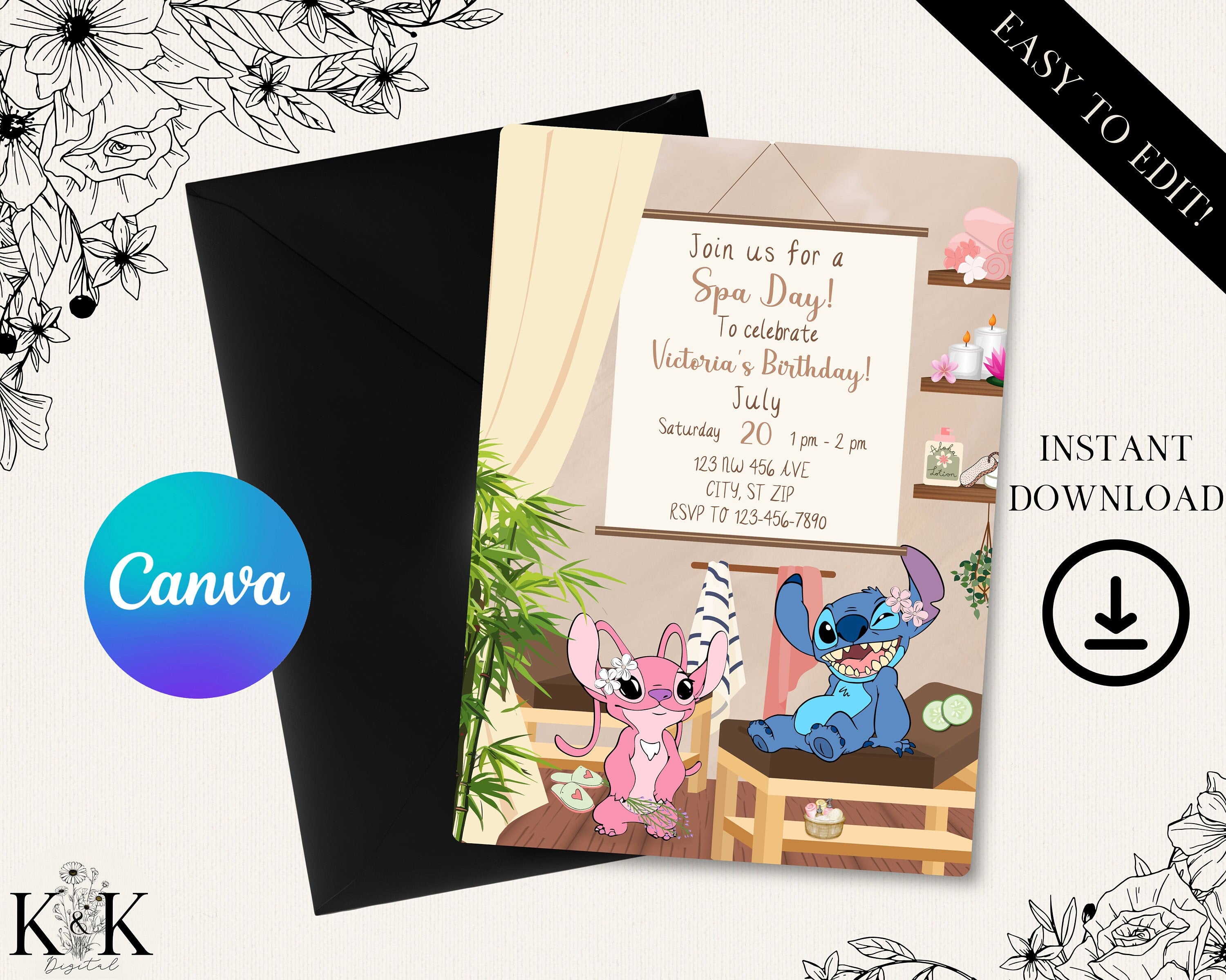 Stich and Angel Spa Party Invitation, Stitch Makeup and Spa Birthday Invite Party, Digital Download Invitation, Canva Template, Stitch Party