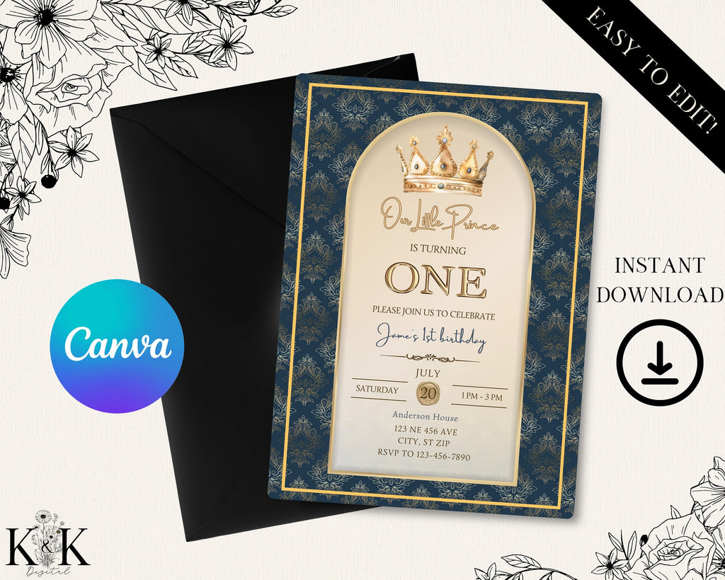 Prince 1st Birthday Invitation Template, Royal Blue Gold Crown Party Invite, Baby Boy First Birthday, Any Age Editable Digital, Canva
