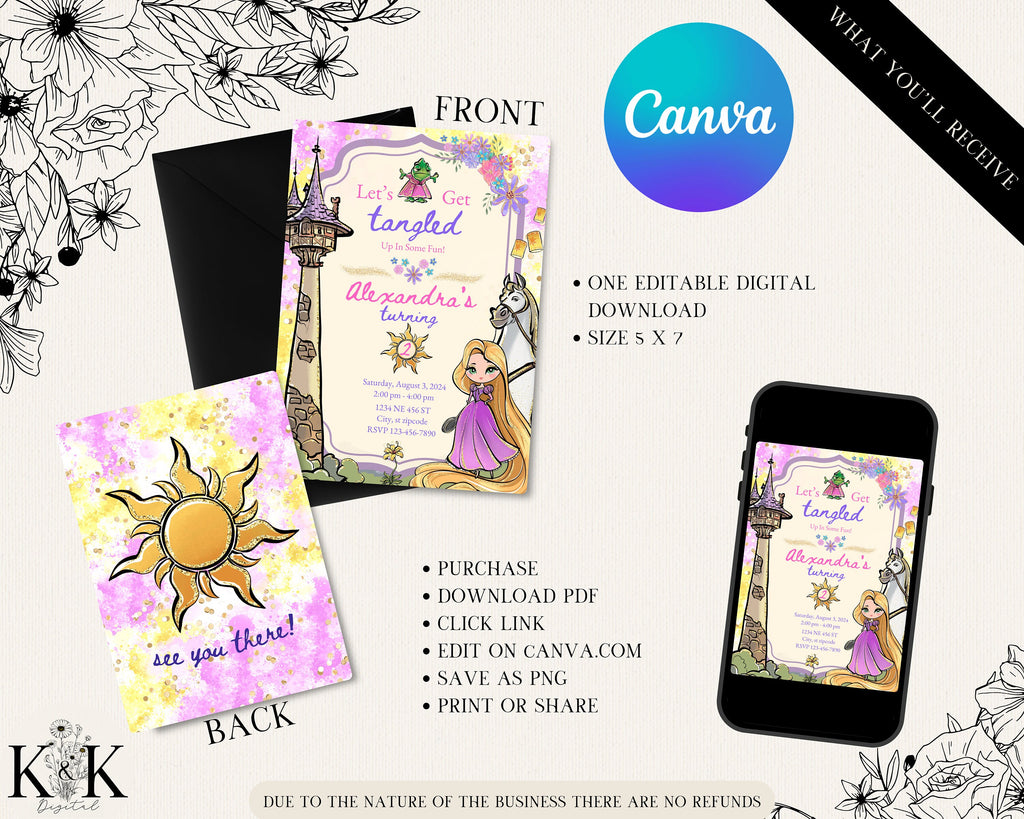 Tangled Birthday Invitation - Editable Digital File - Princess Party Theme - Instant Download- Belle Party-Digital Invitation-Rapunzel Party