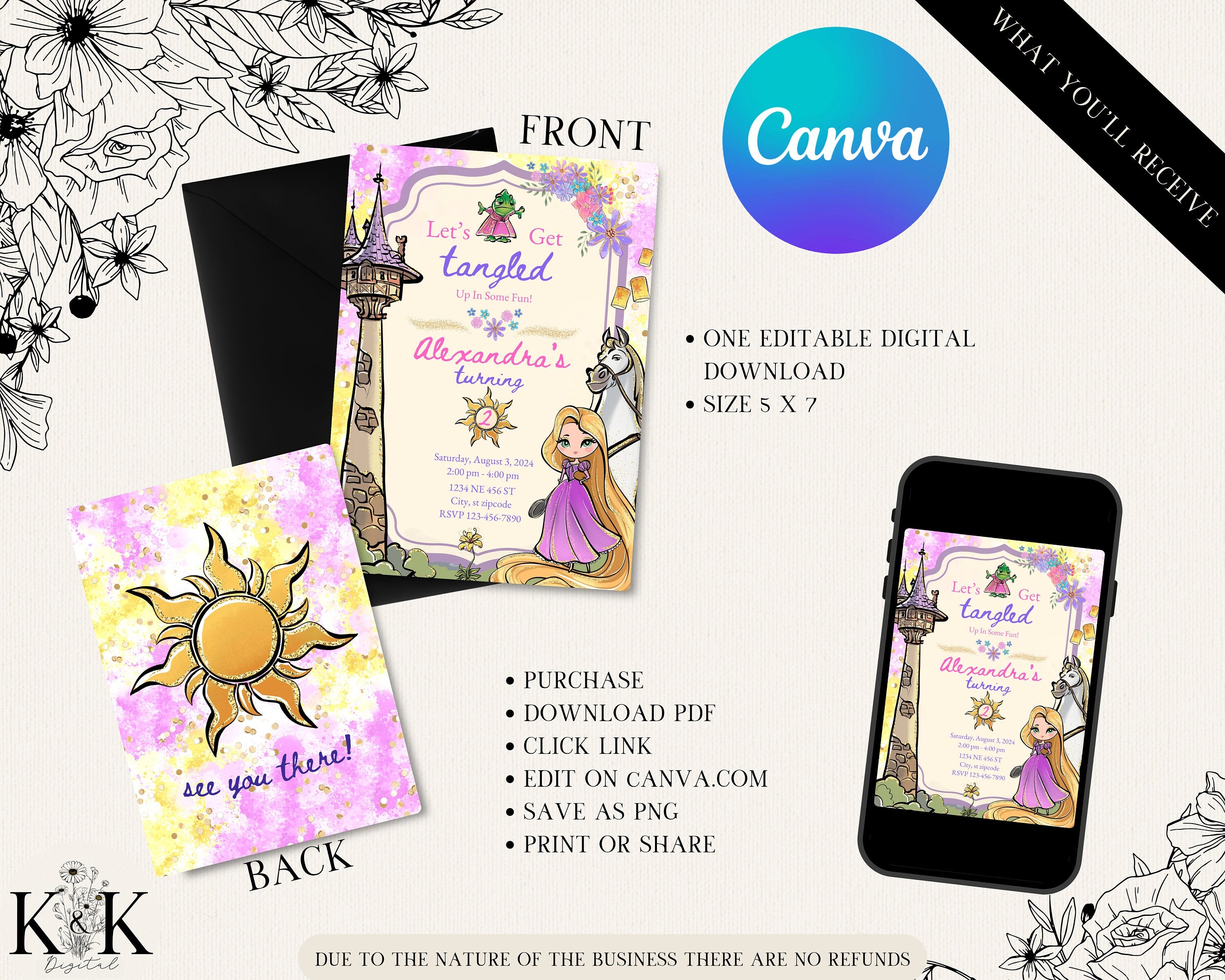 Tangled Birthday Invitation - Editable Digital File - Princess Party Theme - Instant Download- Belle Party-Digital Invitation-Rapunzel Party