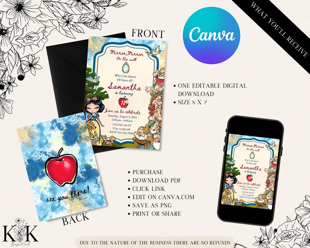 Snow White Birthday Invitation - Editable Digital File - Princess Party Theme - Instant Download- Digital Invitation- Disney Party