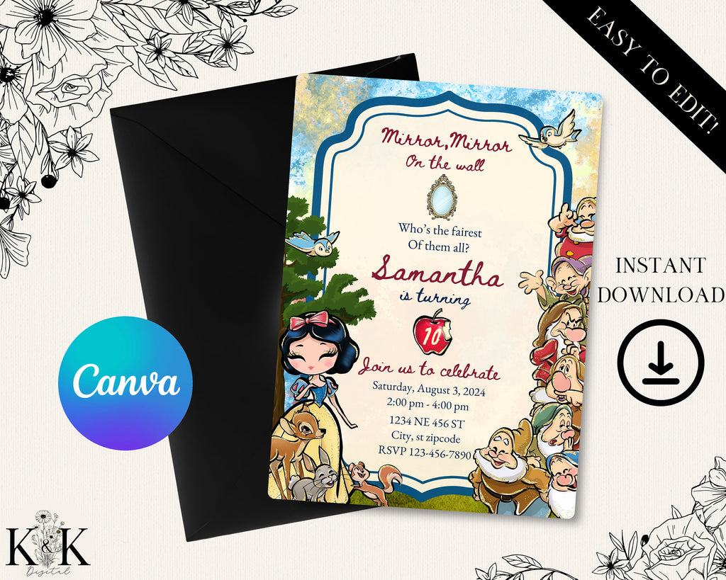 Snow White Birthday Invitation - Editable Digital File - Princess Party Theme - Instant Download- Digital Invitation- Disney Party