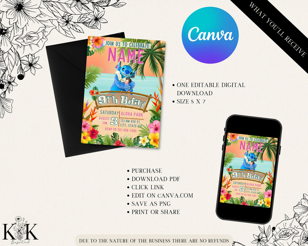 Custom Lilo and Stitch Birthday Invitation - Editable Digital File - Tropical Party Theme - Instant Download-Stitch Party-Digital Invitation