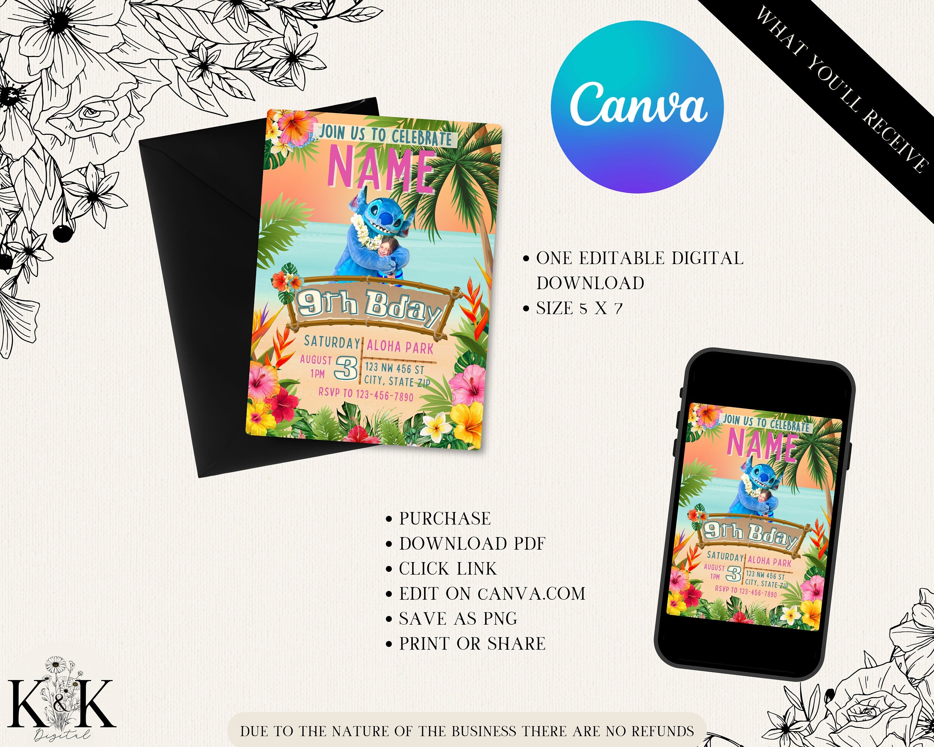 Custom Lilo and Stitch Birthday Invitation - Editable Digital File - Tropical Party Theme - Instant Download-Stitch Party-Digital Invitation