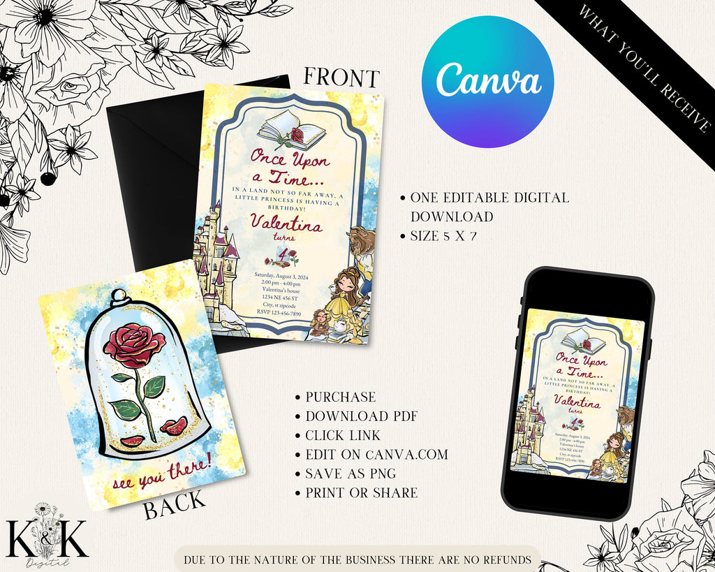Beauty and The Beast Birthday Invitation - Editable Digital File - Princess Party Theme - Instant Download- Belle Party-Digital Invitation