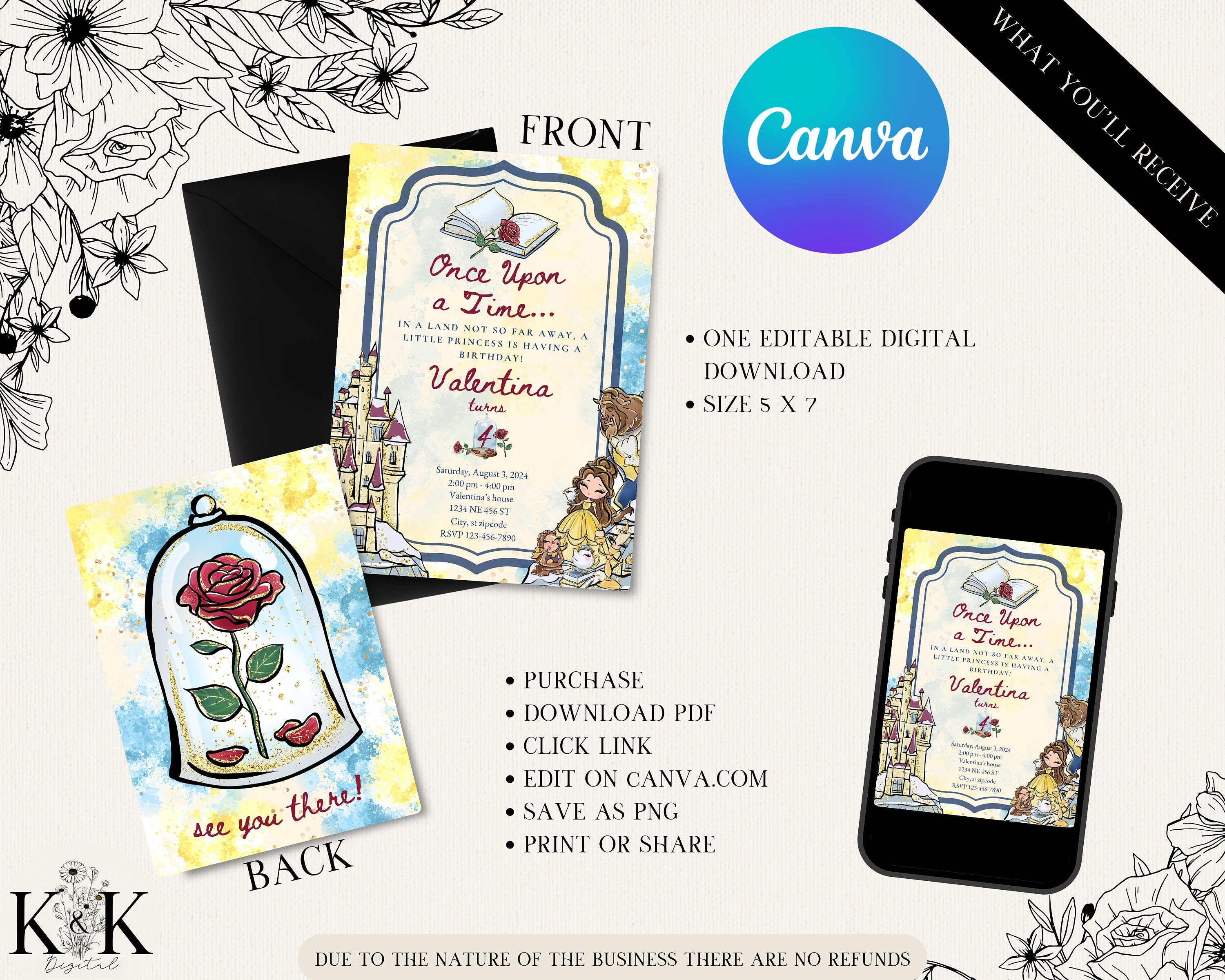 Beauty and The Beast Birthday Invitation - Editable Digital File - Princess Party Theme - Instant Download- Belle Party-Digital Invitation