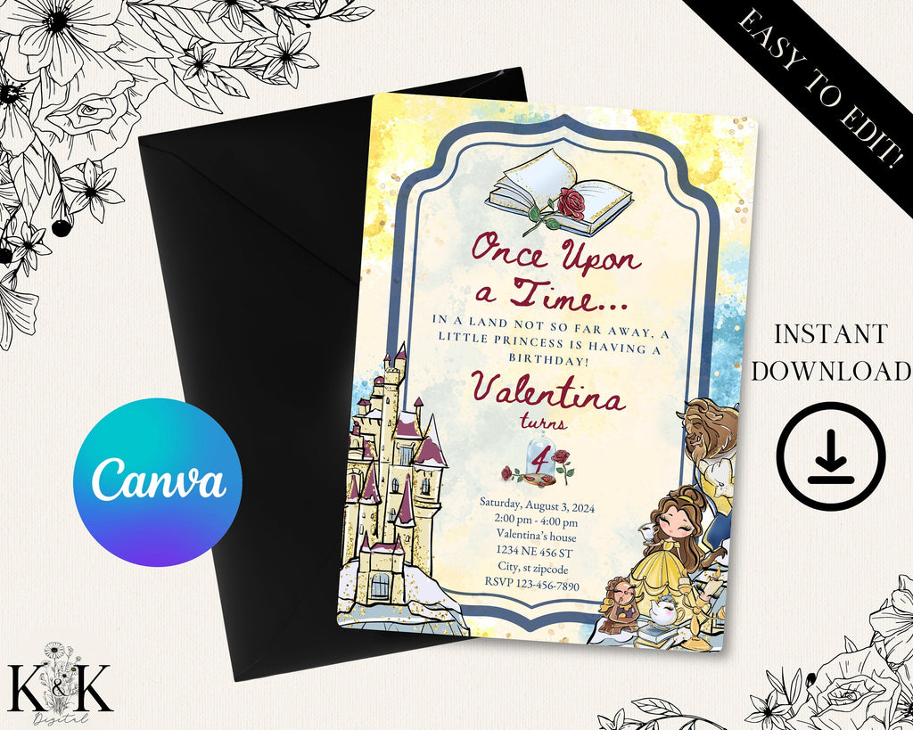 Beauty and The Beast Birthday Invitation - Editable Digital File - Princess Party Theme - Instant Download- Belle Party-Digital Invitation