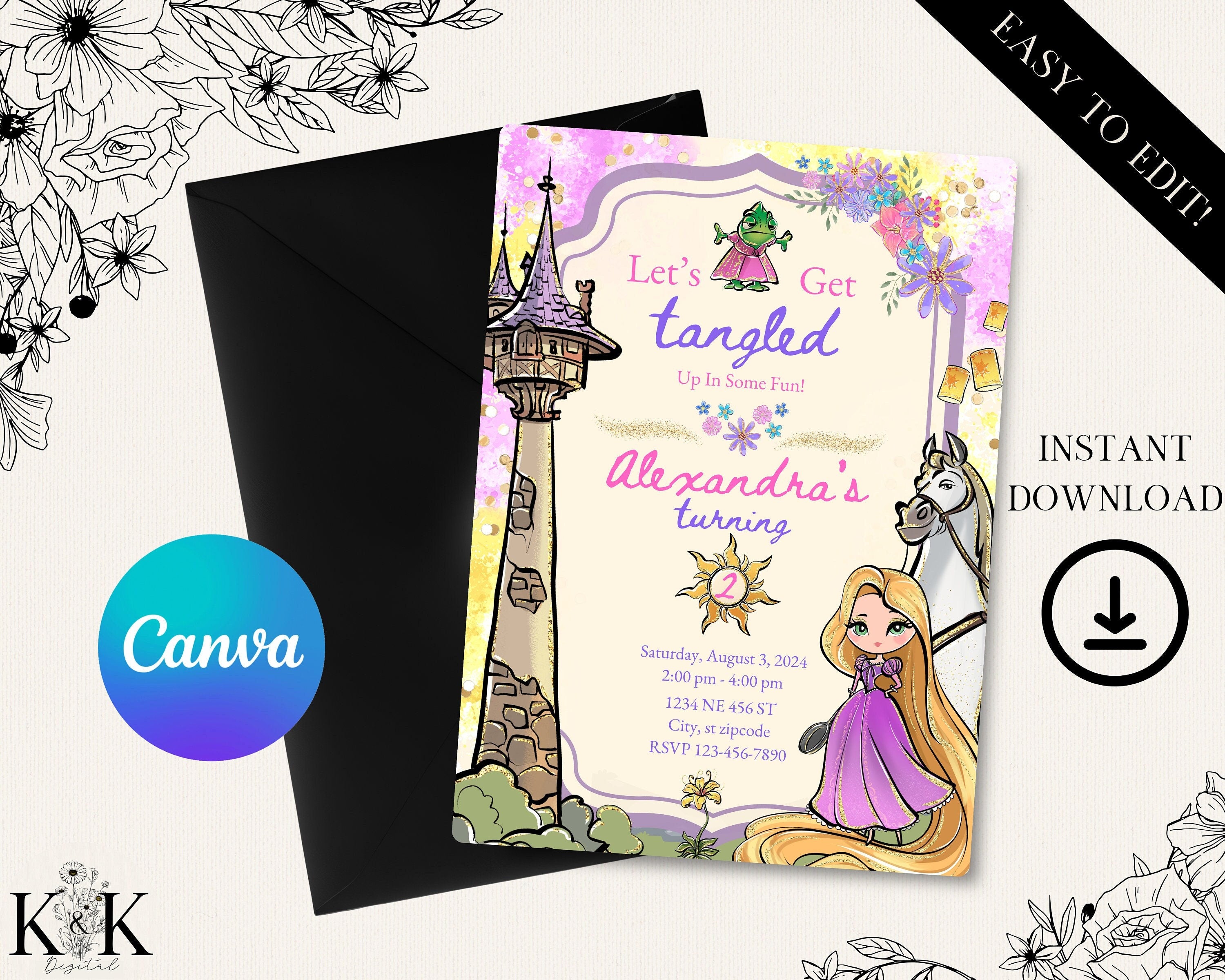 Tangled Birthday Invitation - Editable Digital File - Princess Party Theme - Instant Download- Belle Party-Digital Invitation-Rapunzel Party