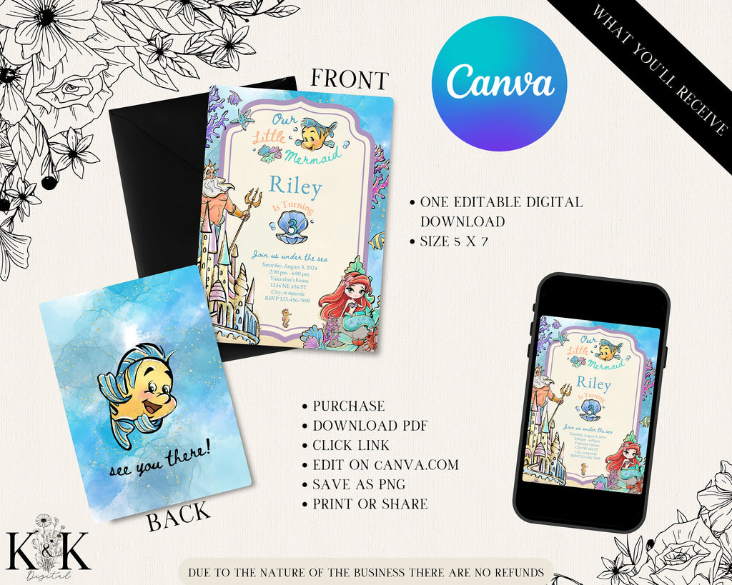 Little Mermaid Birthday Invitation - Editable Digital File - Princess Party Theme - Instant Download- Digital Invitation- Ariel Sea Party
